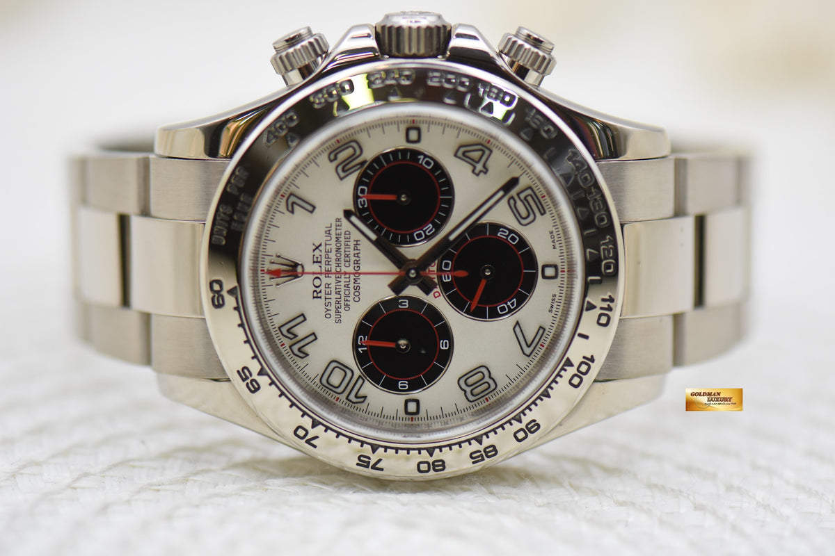 ROLEX OYSTER DAYTONA 40mm WHITE GOLD IN BRACELET PANDA ARABIC DIAL (RARE DIAL) 116509 (MINT)