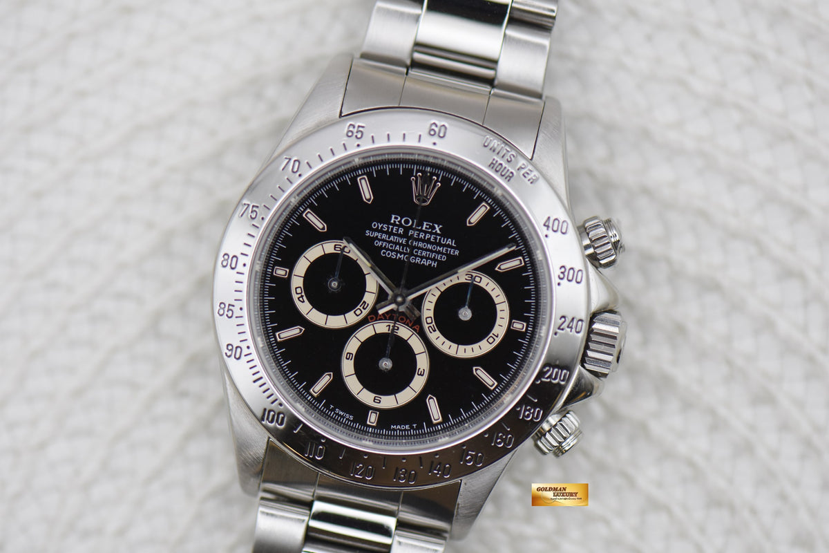 ROLEX OYSTER DAYTONA 40mm STEEL IN BRACELET BLACK PATRIZZI DIAL ZENITH MVT 16520 (MINT)