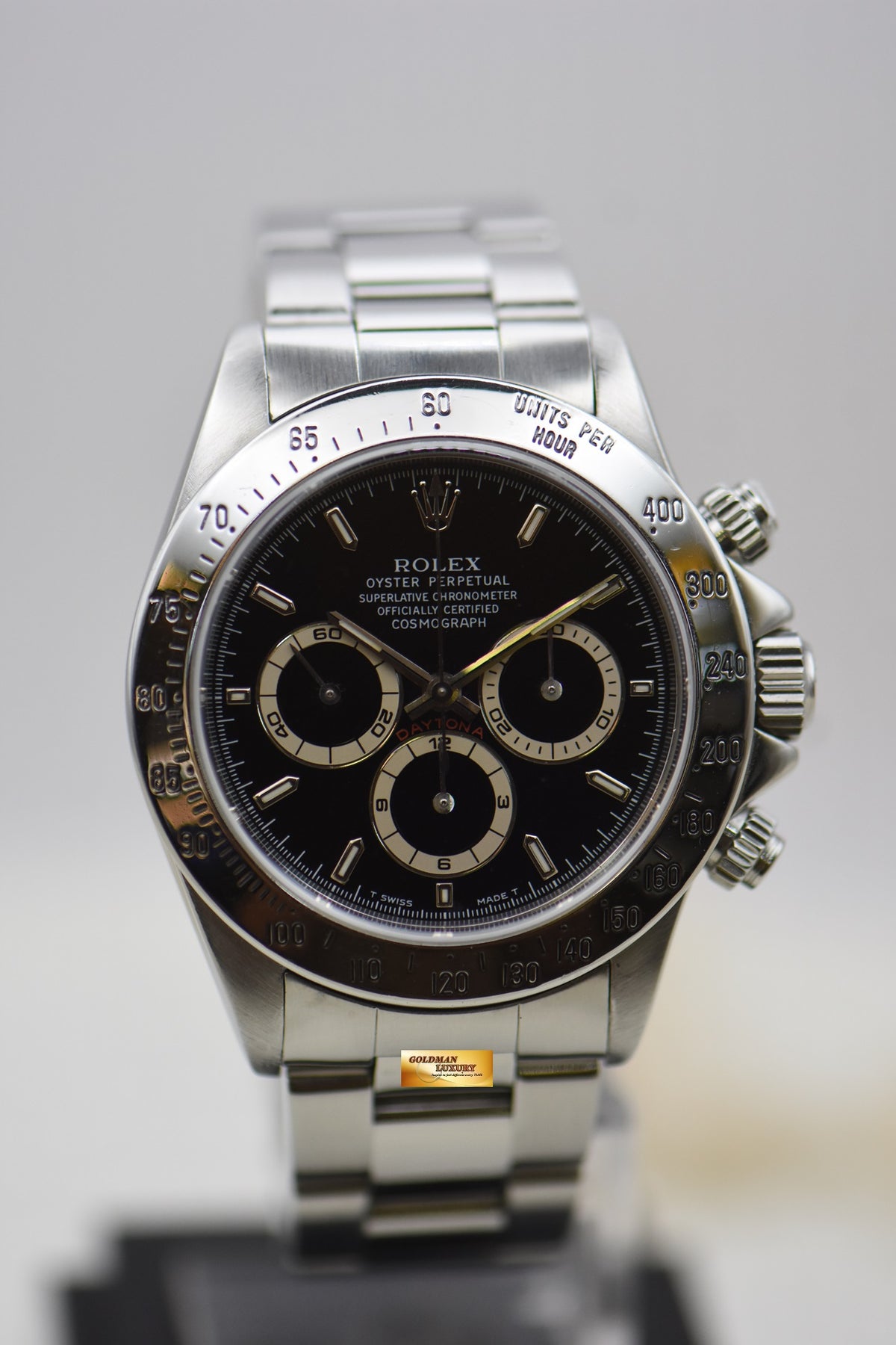 ROLEX OYSTER DAYTONA 40mm STEEL IN BRACELET BLACK PATRIZZI DIAL ZENITH MVT 16520 (MINT)