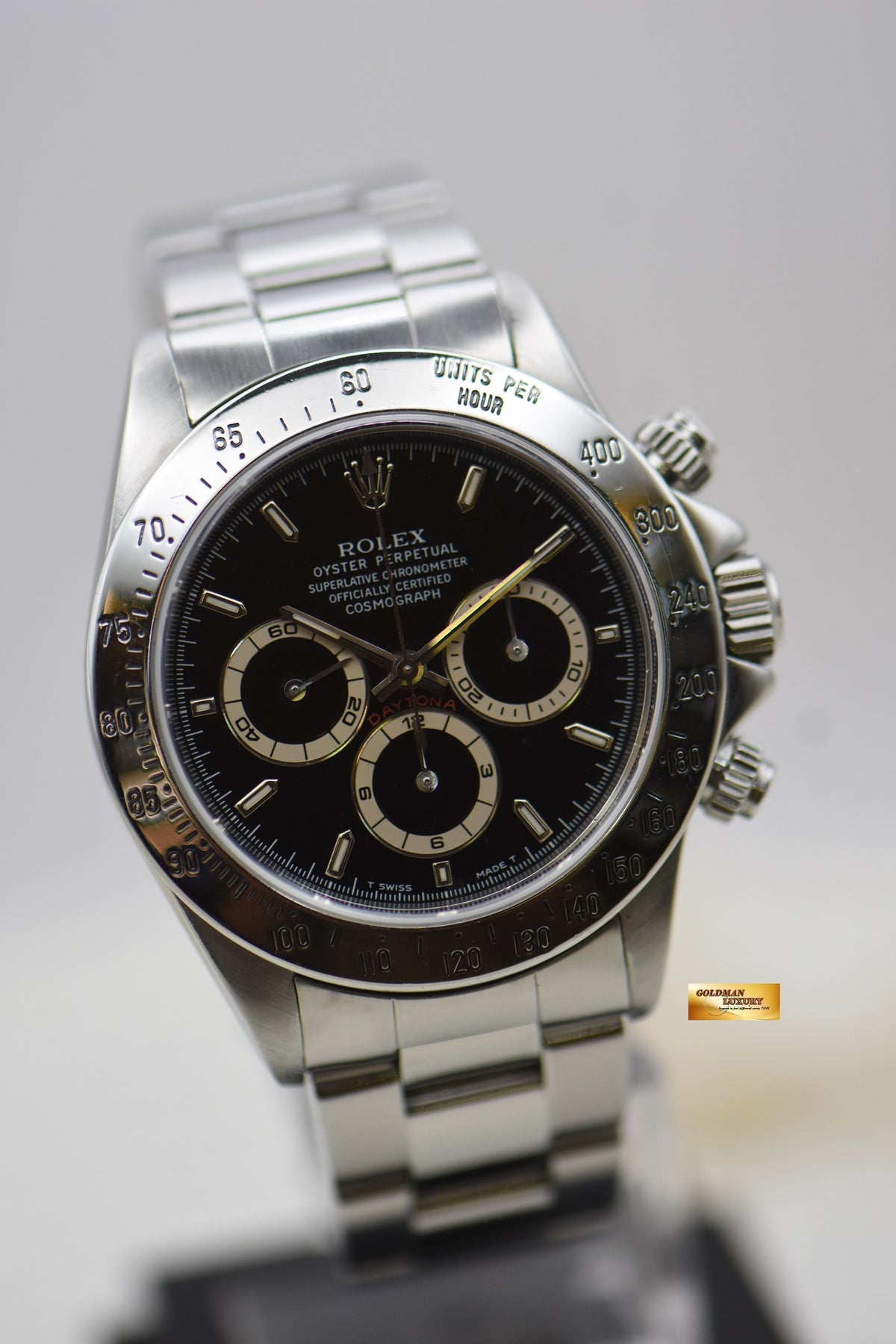 ROLEX OYSTER DAYTONA 40mm STEEL IN BRACELET BLACK PATRIZZI DIAL ZENITH MVT 16520 (MINT)