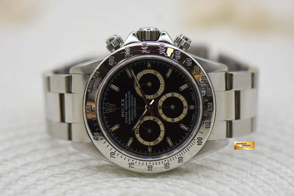 ROLEX OYSTER DAYTONA 40mm STEEL IN BRACELET BLACK PATRIZZI DIAL ZENITH MVT 16520 (MINT)