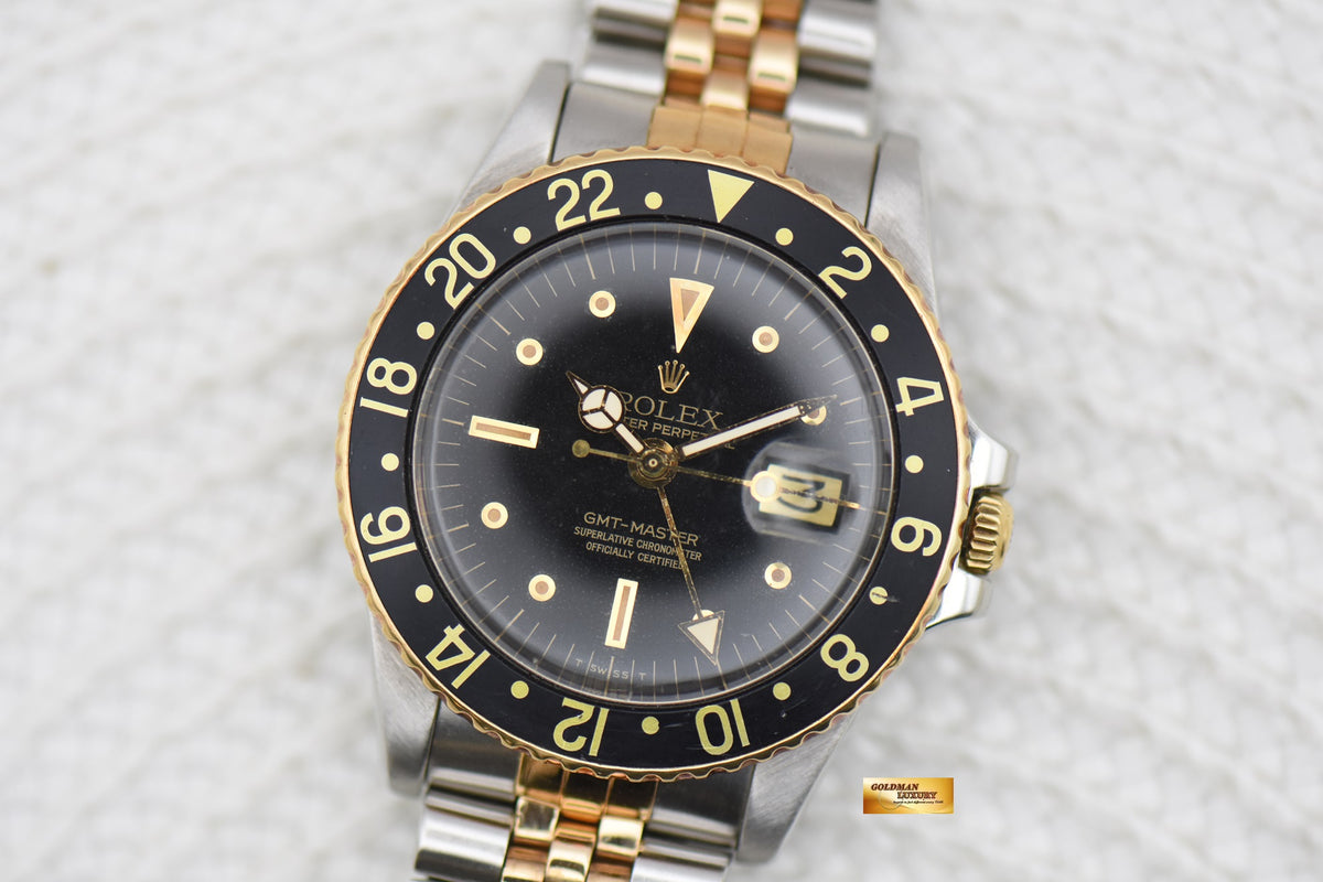 ROLEX OYSTER GMT-MASTER HALF-GOLD IN JUBILEE BRACELET NIPPLE BLACK DIAL 1675 (VINTAGE – AGING DIAL)