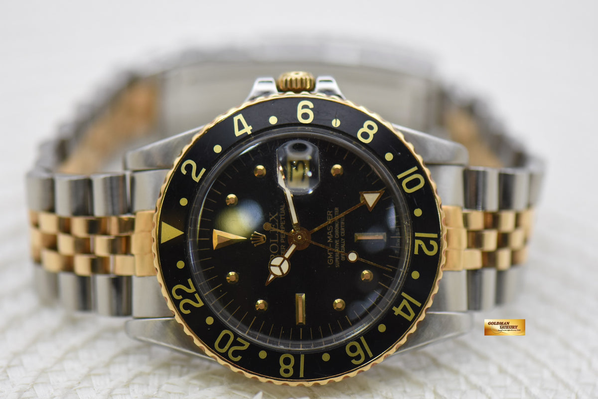 ROLEX OYSTER GMT-MASTER HALF-GOLD IN JUBILEE BRACELET NIPPLE BLACK DIAL 1675 (VINTAGE – AGING DIAL)