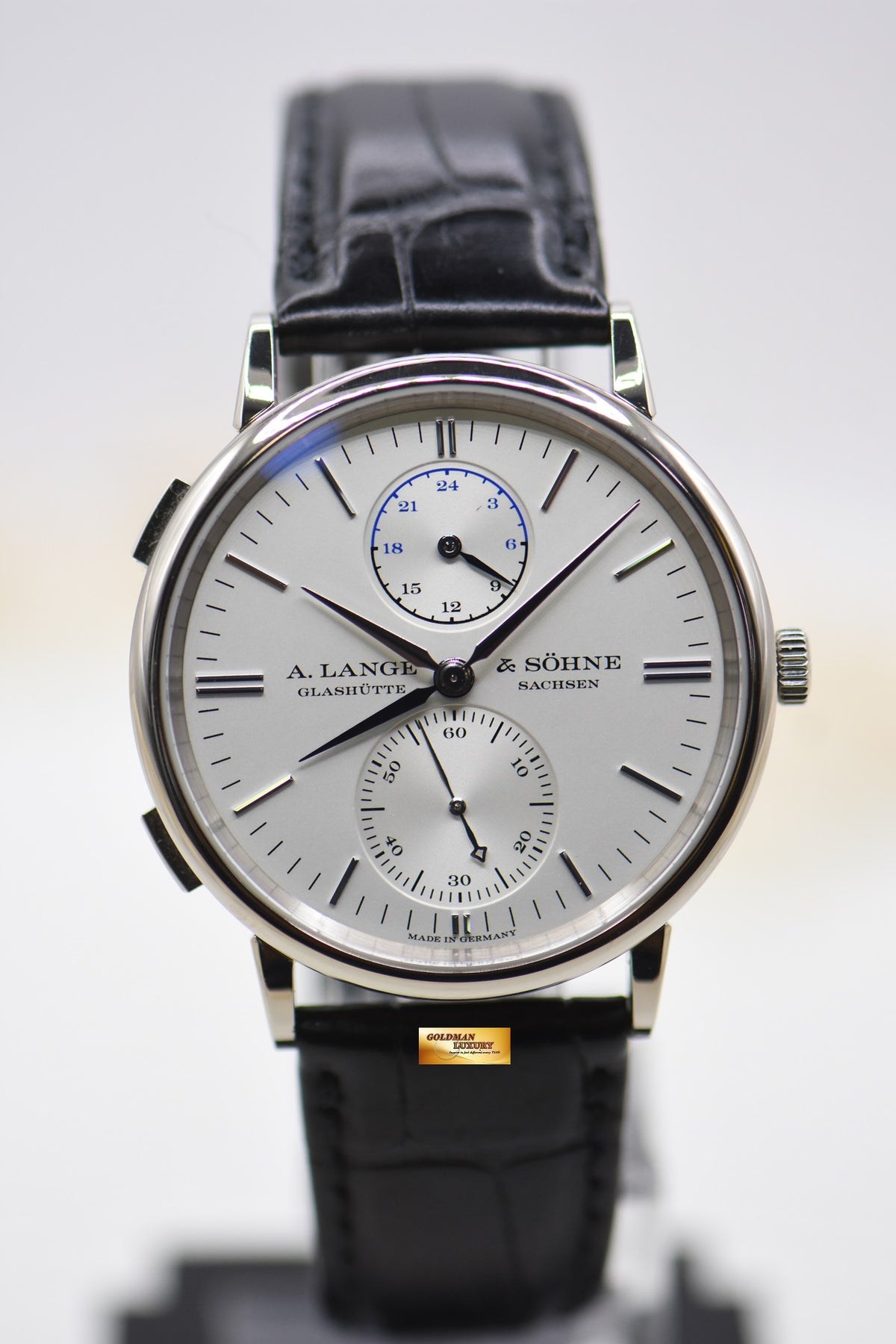 A.LANGE & SOHNE SAXONIA DUAL TIME 38.5mm WHITE GOLD IN STRAP AUTOMATIC 386.026 (MINT)