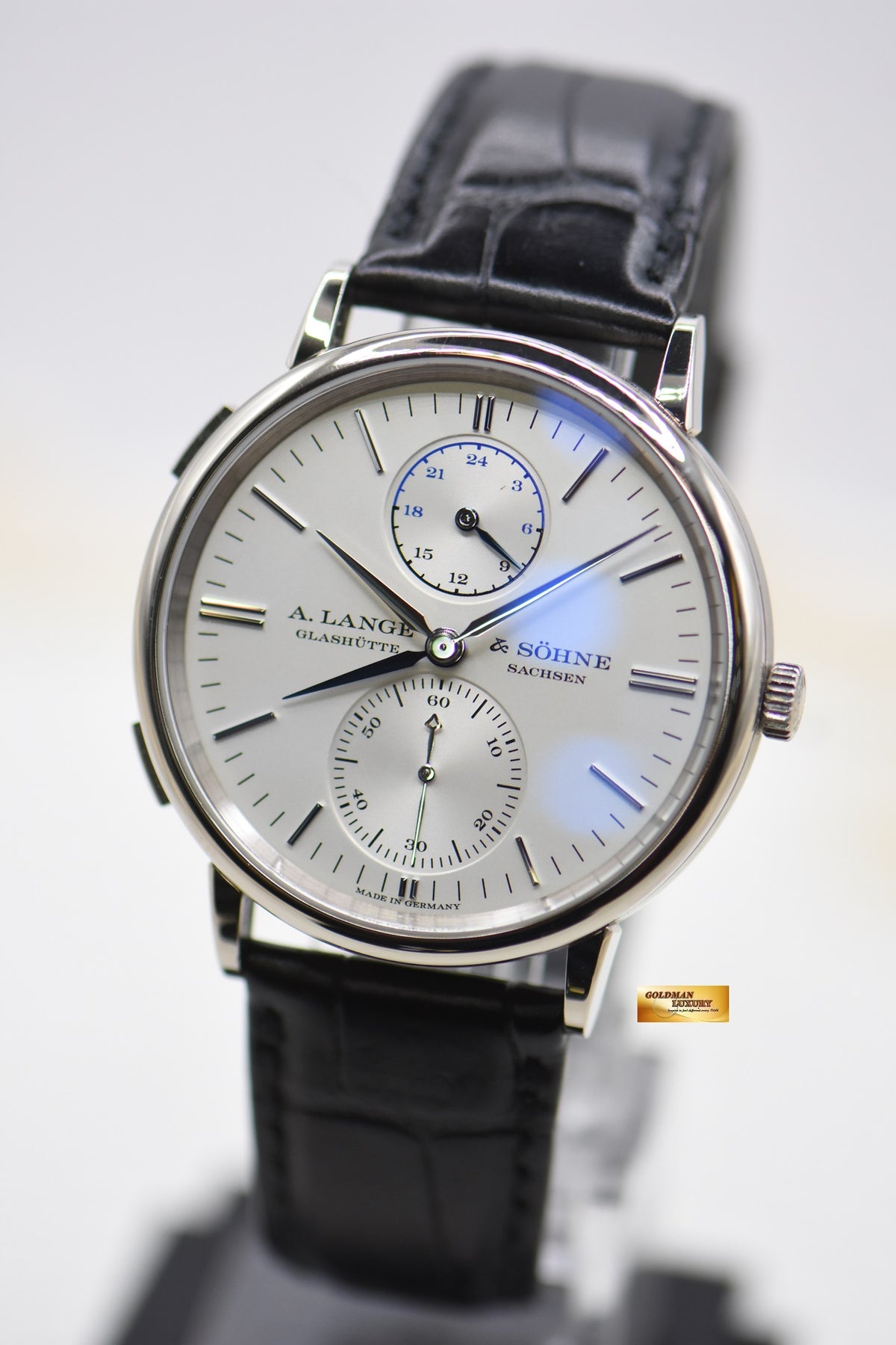 A.LANGE & SOHNE SAXONIA DUAL TIME 38.5mm WHITE GOLD IN STRAP AUTOMATIC 386.026 (MINT)
