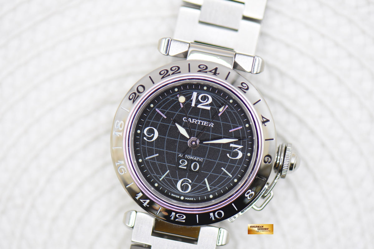 CARTIER PASHA 35mm BIG DATE / GMT STEEL IN BRACELET BLACK DIAL AUTOMATIC 2550 (MINT) (WATCH ONLY)