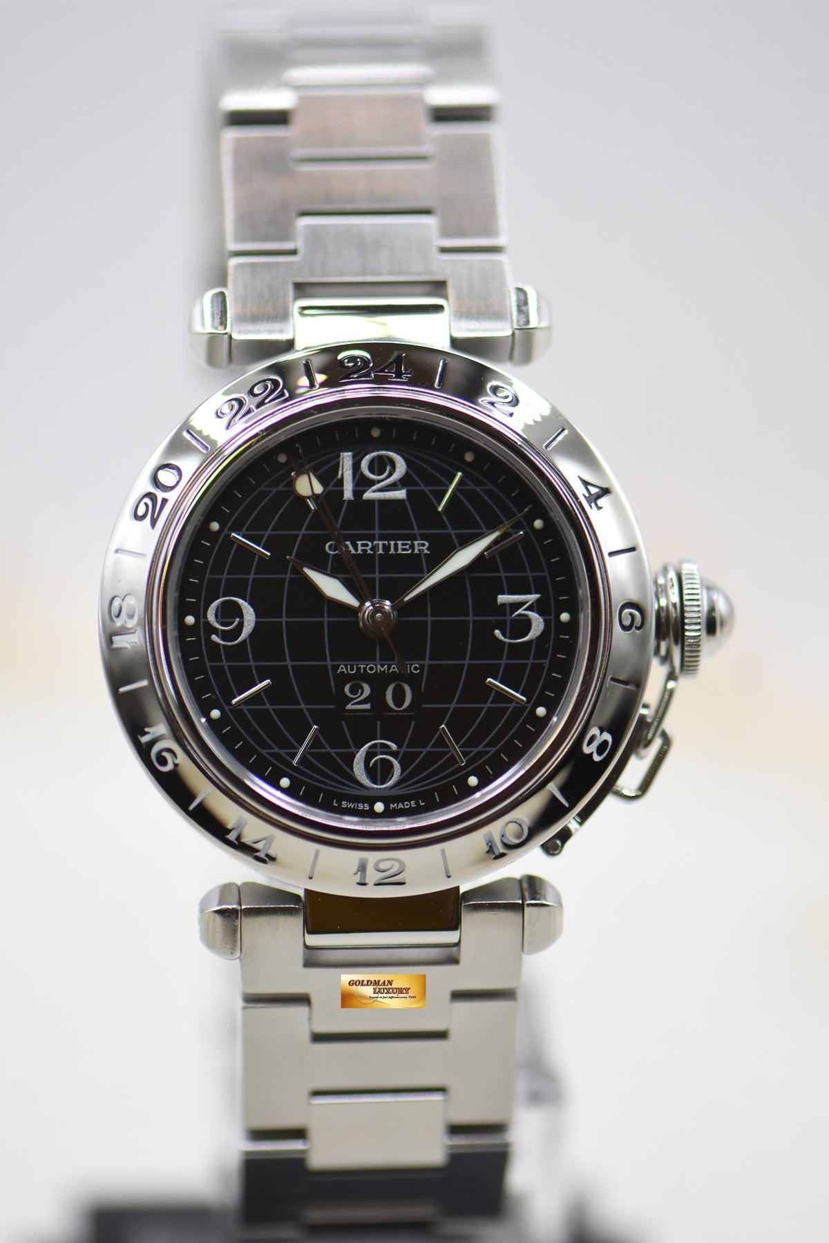 CARTIER PASHA 35mm BIG DATE / GMT STEEL IN BRACELET BLACK DIAL AUTOMATIC 2550 (MINT) (WATCH ONLY)