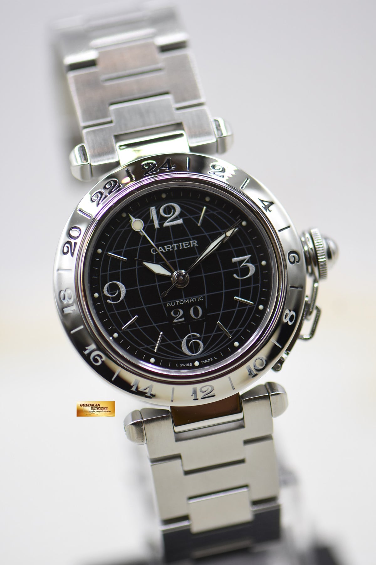 CARTIER PASHA 35mm BIG DATE / GMT STEEL IN BRACELET BLACK DIAL AUTOMATIC 2550 (MINT) (WATCH ONLY)
