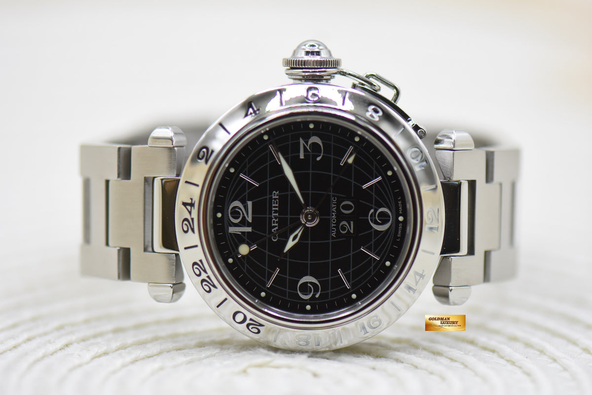 CARTIER PASHA 35mm BIG DATE / GMT STEEL IN BRACELET BLACK DIAL AUTOMATIC 2550 (MINT) (WATCH ONLY)