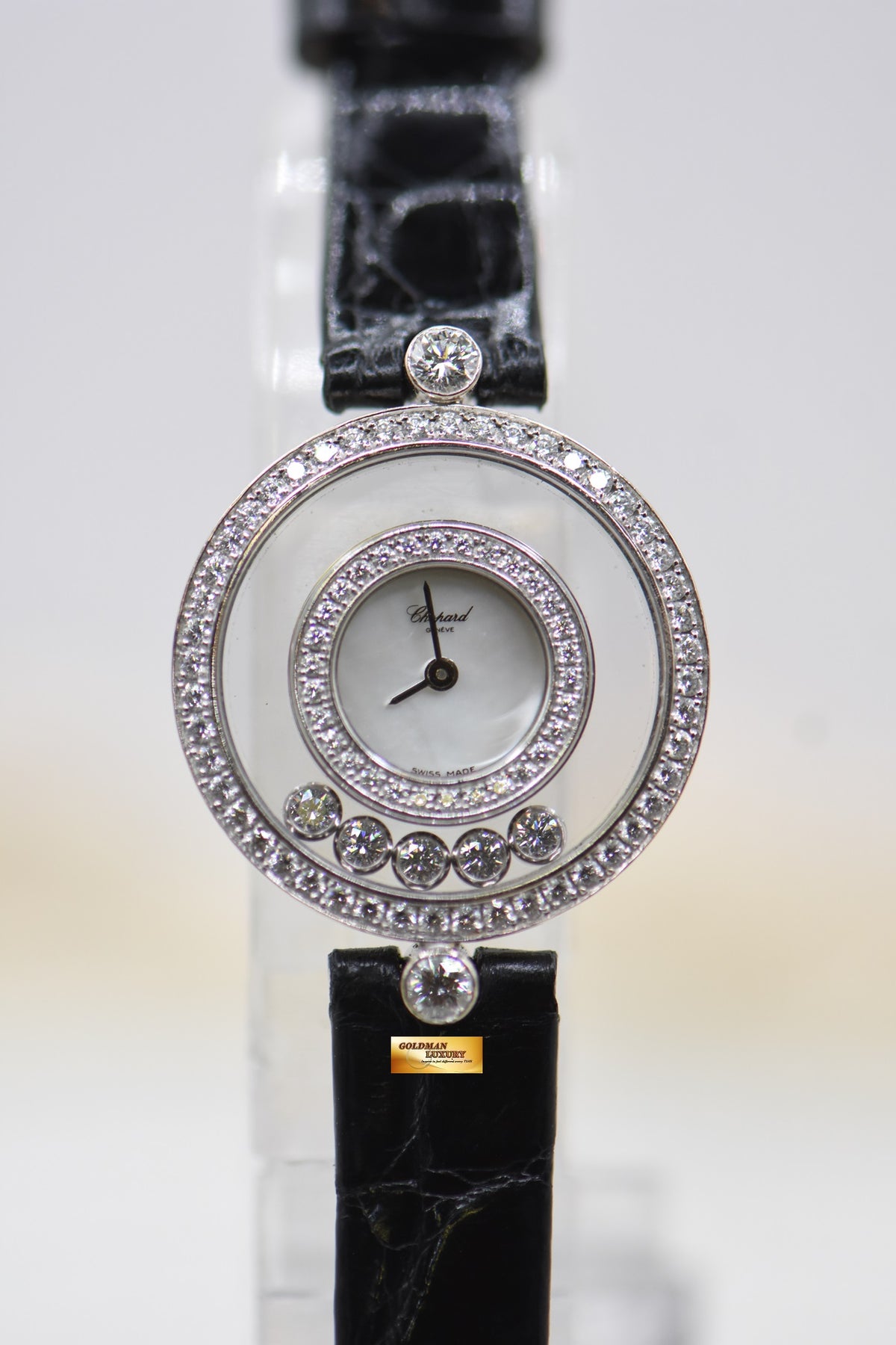 CHOPARD HAPPY DIAMONDS LADIES WHITE GOLD IN LEATHER STRAP QUARTZ 20/3957 (MINT)