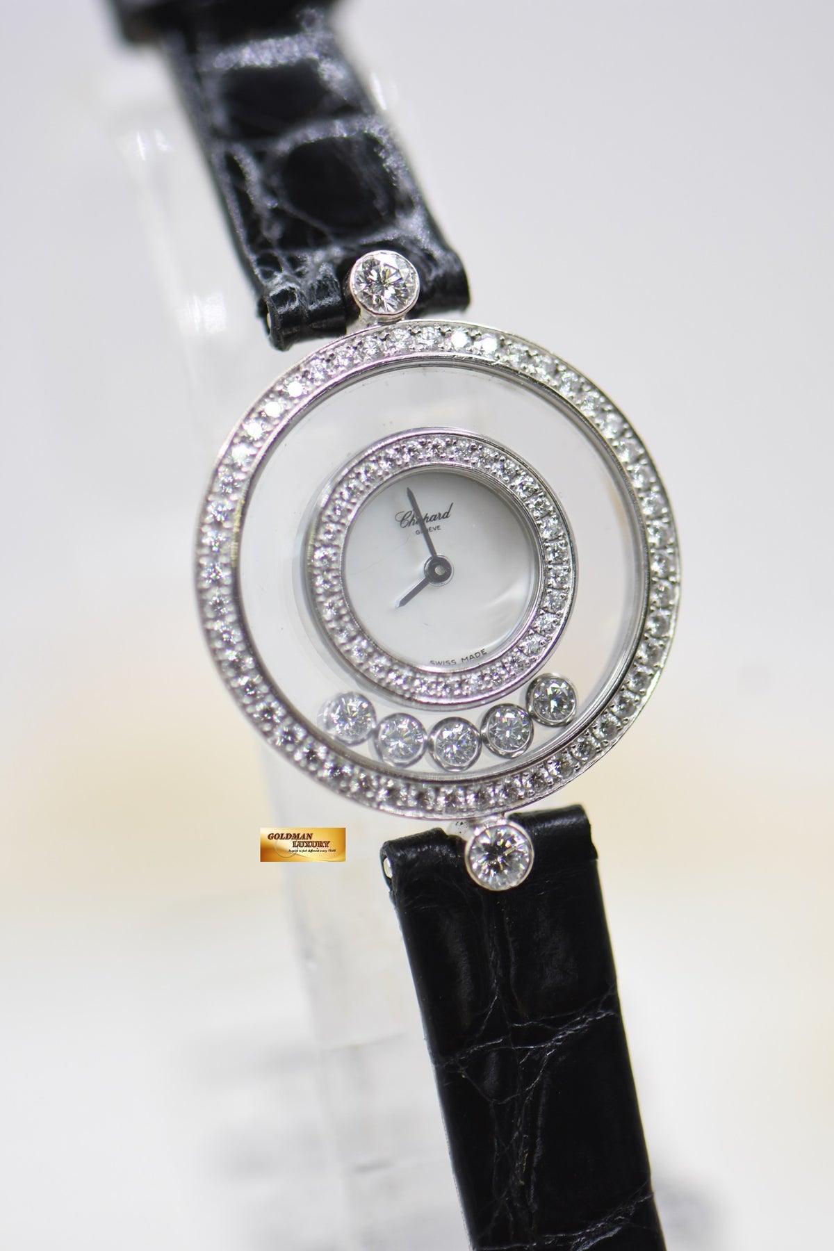 CHOPARD HAPPY DIAMONDS LADIES WHITE GOLD IN LEATHER STRAP QUARTZ 20/3957 (MINT)