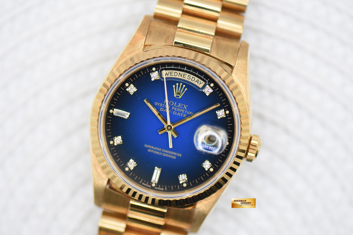 ROLEX OYSTER DAY-DATE 36mm YELLOW GOLD IN PRESIDENT BRACELET BLUE-HUE DIAMOND DIAL (DOUBLE QUICK-SET DATE) 18238 (MINT)