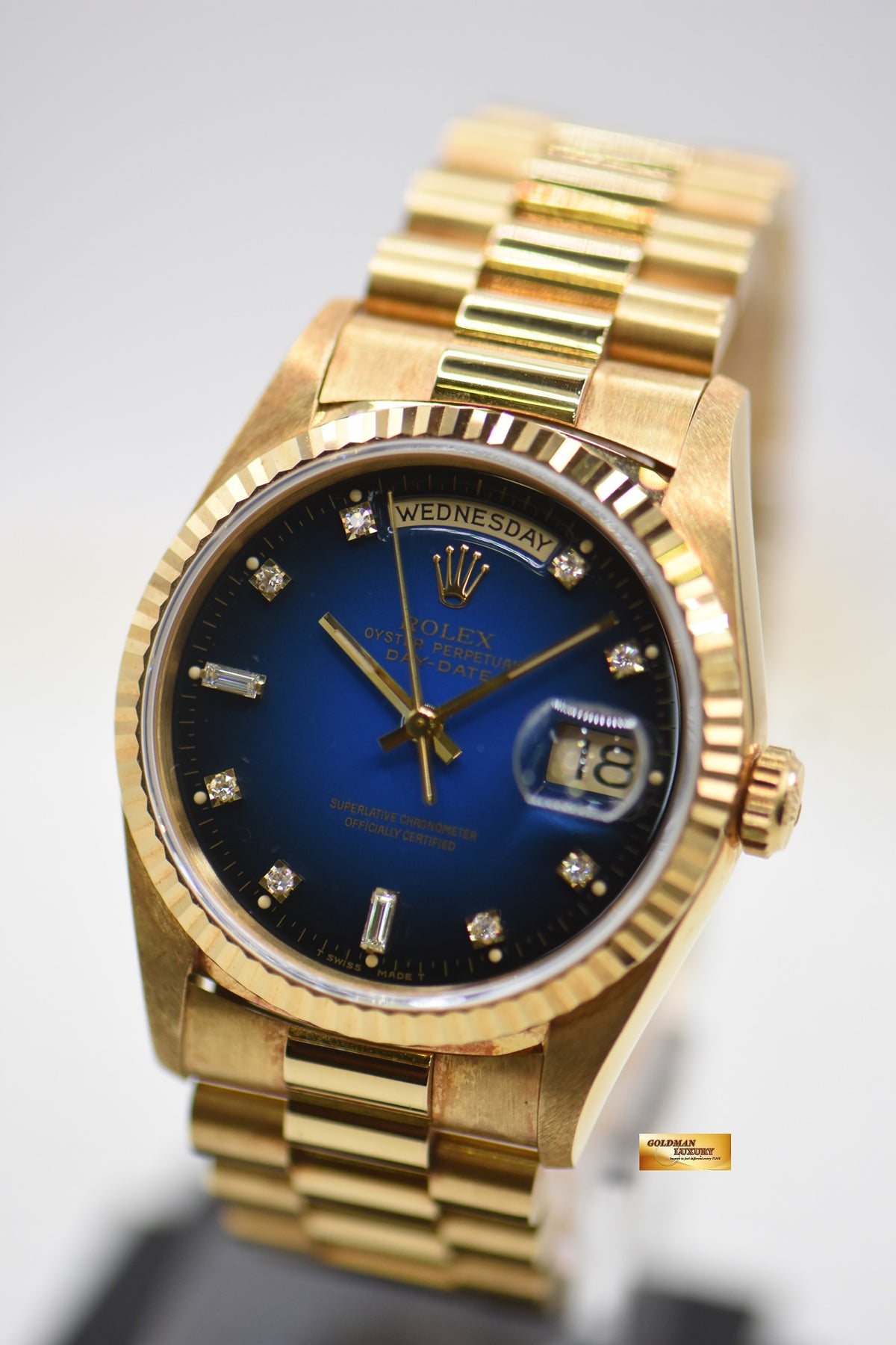 ROLEX OYSTER DAY-DATE 36mm YELLOW GOLD IN PRESIDENT BRACELET BLUE-HUE DIAMOND DIAL (DOUBLE QUICK-SET DATE) 18238 (MINT)