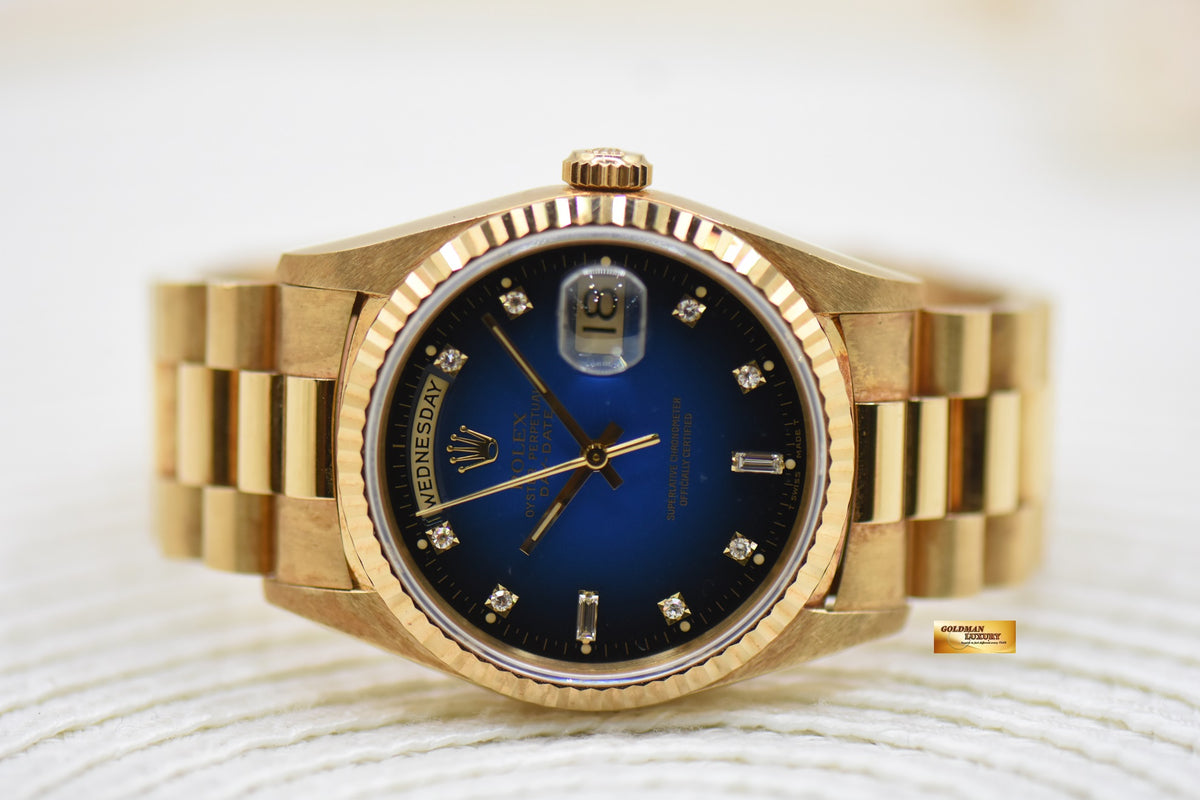 ROLEX OYSTER DAY-DATE 36mm YELLOW GOLD IN PRESIDENT BRACELET BLUE-HUE DIAMOND DIAL (DOUBLE QUICK-SET DATE) 18238 (MINT)