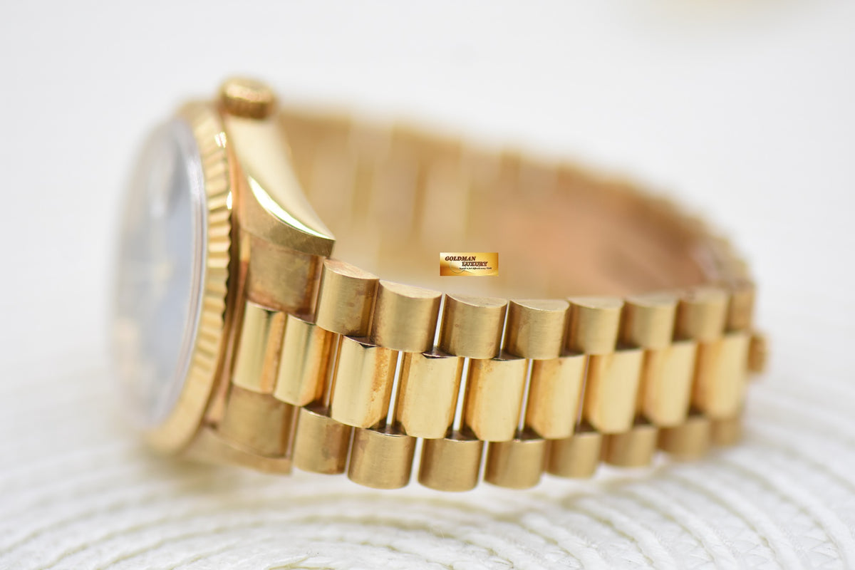 ROLEX OYSTER DAY-DATE 36mm YELLOW GOLD IN PRESIDENT BRACELET BLUE-HUE DIAMOND DIAL (DOUBLE QUICK-SET DATE) 18238 (MINT)