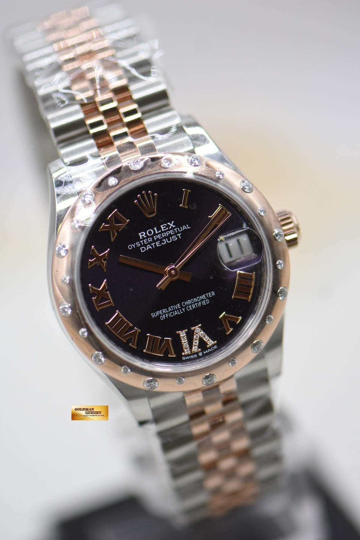 ROLEX OYSTER DATEJUST 31 BOYSIZE DARK AUBERGINE DIAL EVEROSE-GOLD / STEEL IN OYSTER DIAMOND BEZEL 278341RBR (NEW)