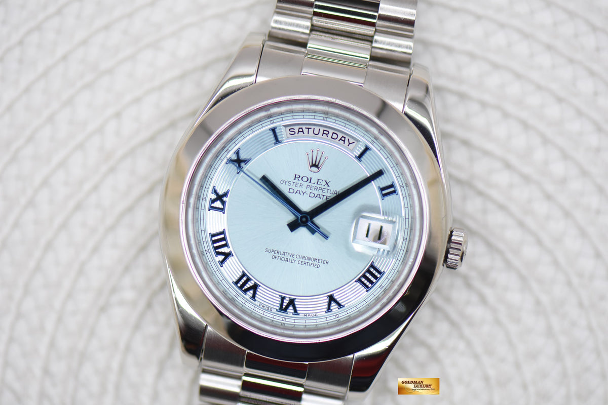 ROLEX OYSTER PERPETUAL DAY-DATE II 41mm PLATINUM PRESIDENT BRACELET ICE-BLUE DIAL 218206 (MINT)