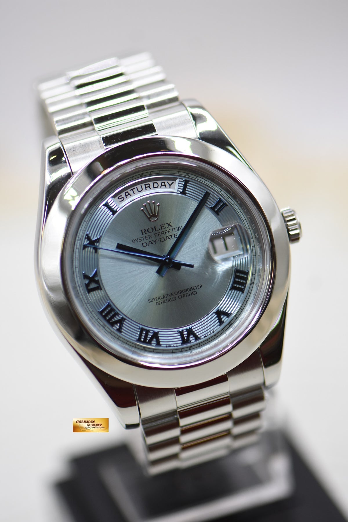 ROLEX OYSTER PERPETUAL DAY-DATE II 41mm PLATINUM PRESIDENT BRACELET ICE-BLUE DIAL 218206 (MINT)