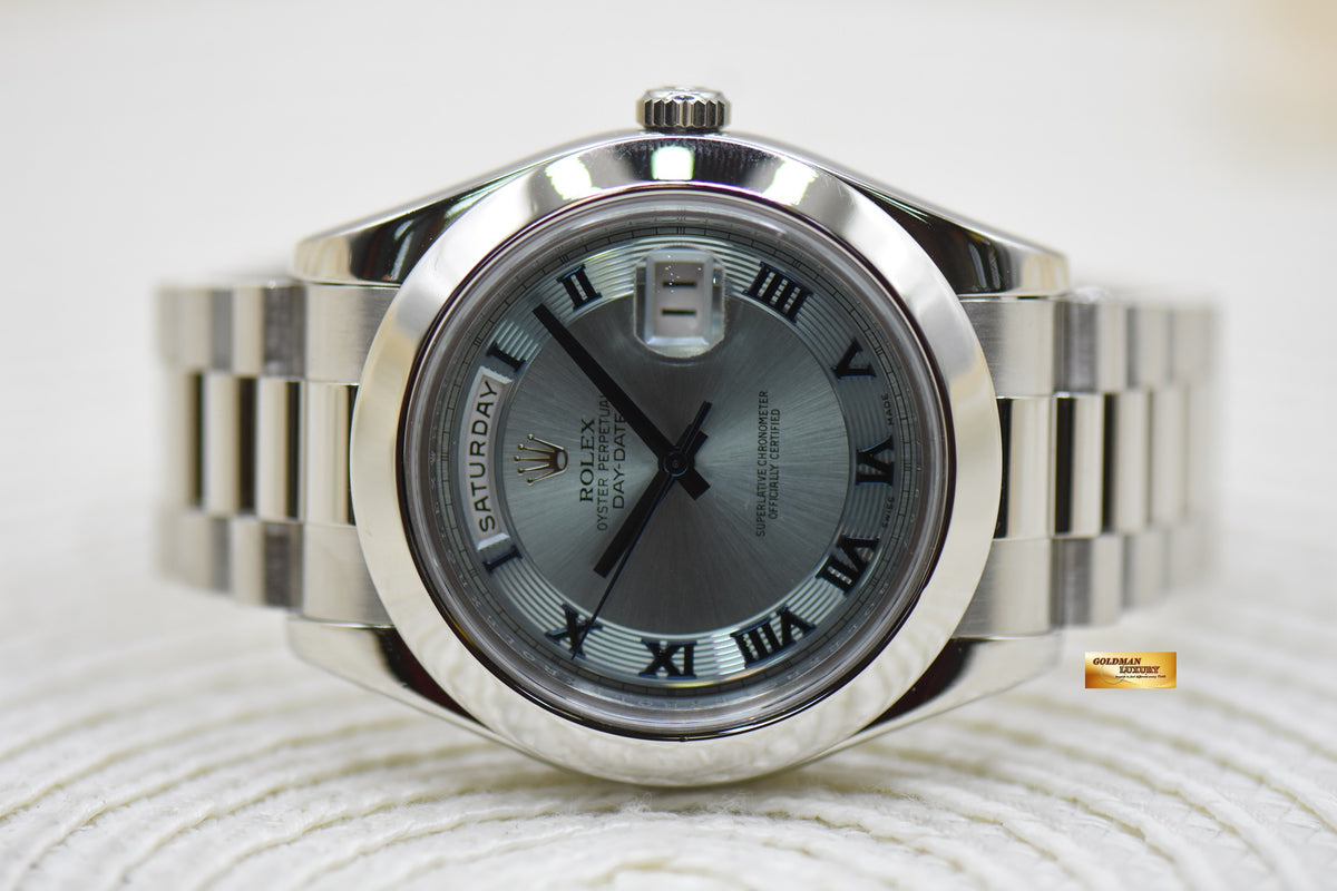 ROLEX OYSTER PERPETUAL DAY-DATE II 41mm PLATINUM PRESIDENT BRACELET ICE-BLUE DIAL 218206 (MINT)