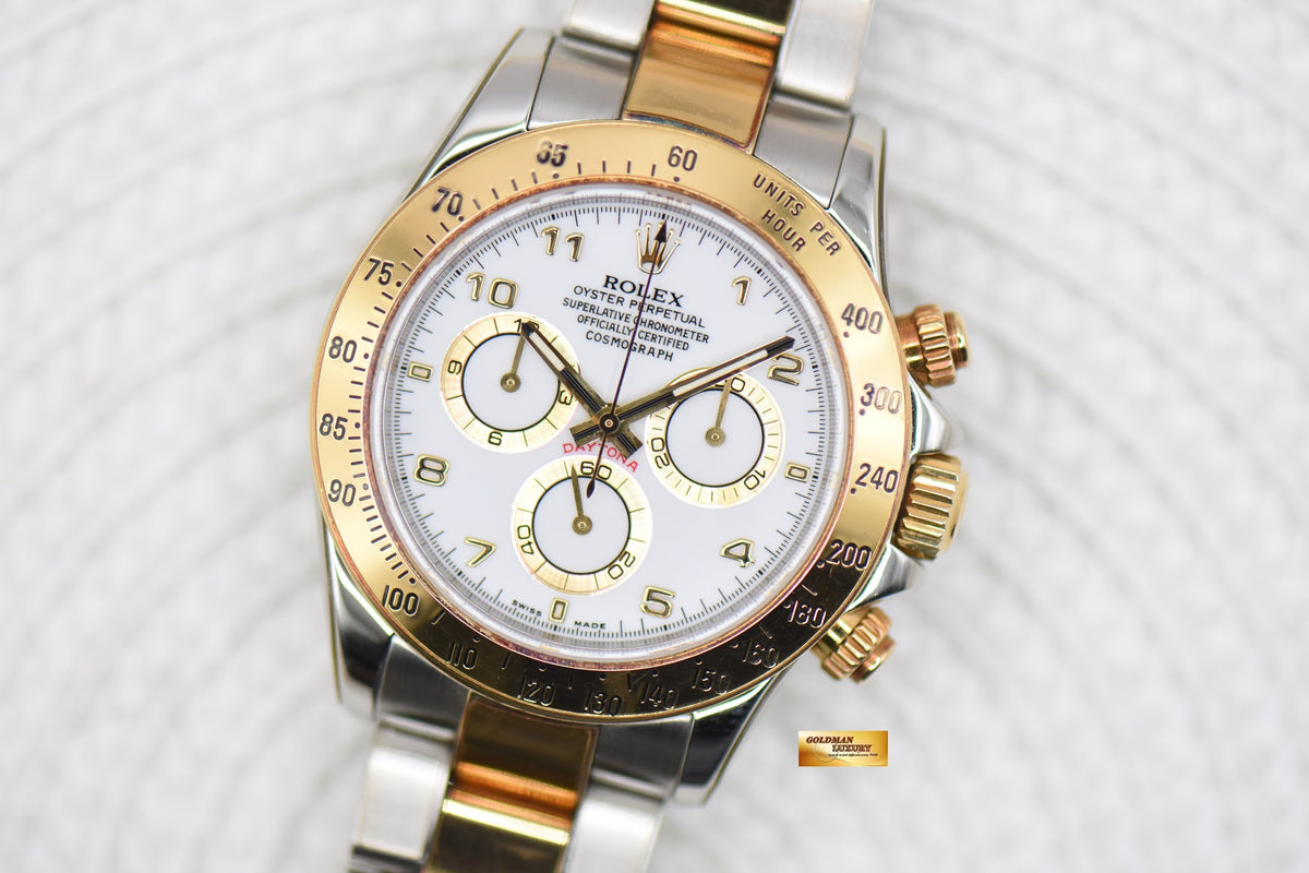 ROLEX OYSTER DAYTONA CHRONOGRAPH 40mm HALF-GOLD IN BRACELET WHITE DIAL 116523 (MINT)