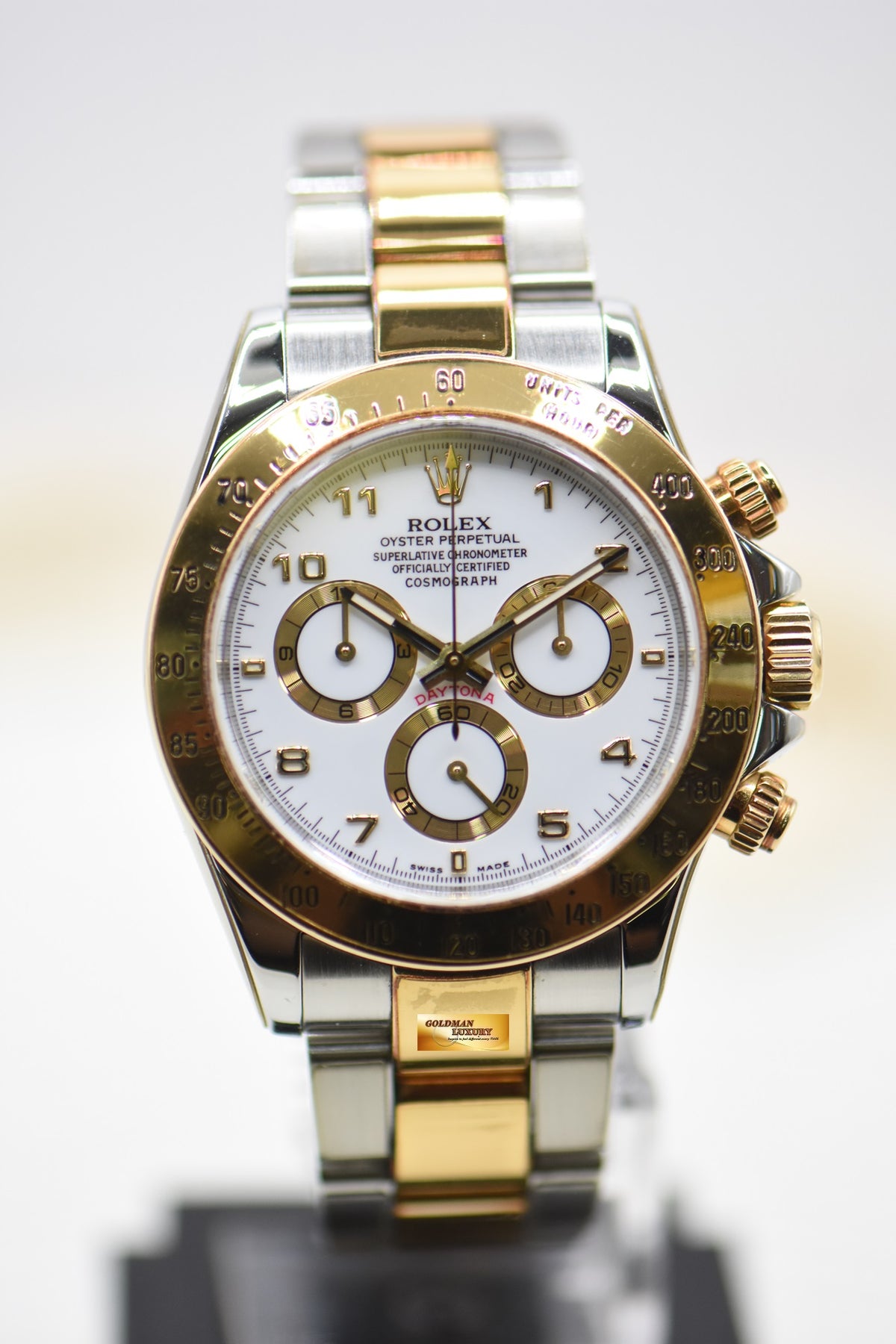 ROLEX OYSTER DAYTONA CHRONOGRAPH 40mm HALF-GOLD IN BRACELET WHITE DIAL 116523 (MINT)