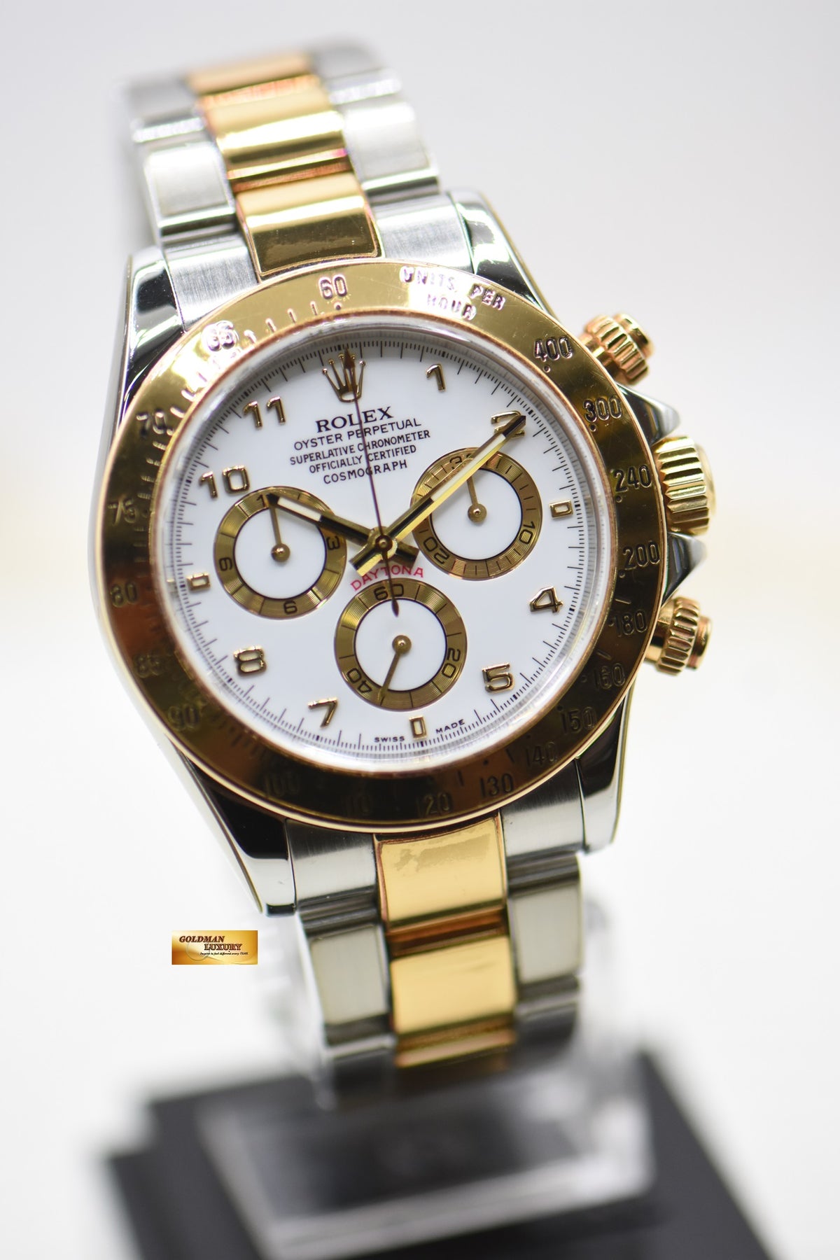 ROLEX OYSTER DAYTONA CHRONOGRAPH 40mm HALF-GOLD IN BRACELET WHITE DIAL 116523 (MINT)