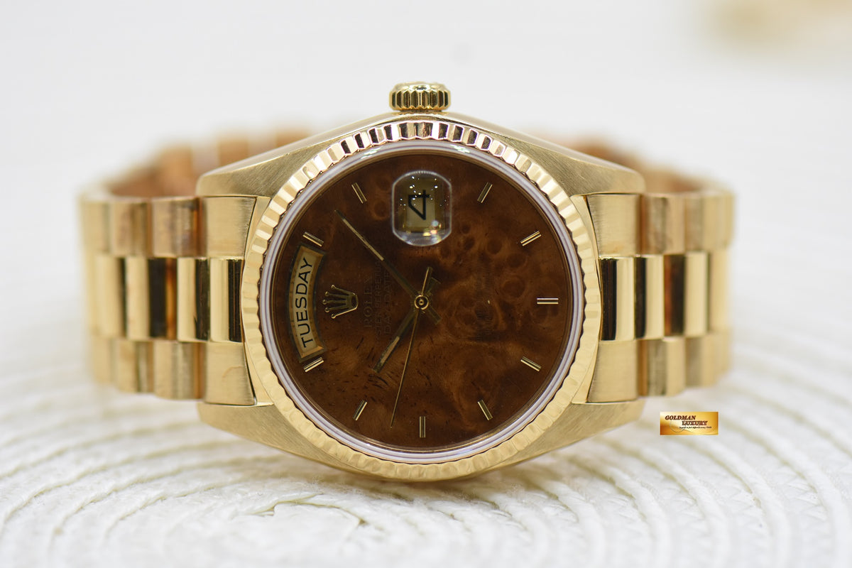 ROLEX OYSTER PERPETUAL DAY-DATE 36mm PRESIDENT 18K YELLOW GOLD ORIGINAL BURLWOOD DIAL IN ORIGINAL PRESIDENT BRACELET 18038 (MINT)
