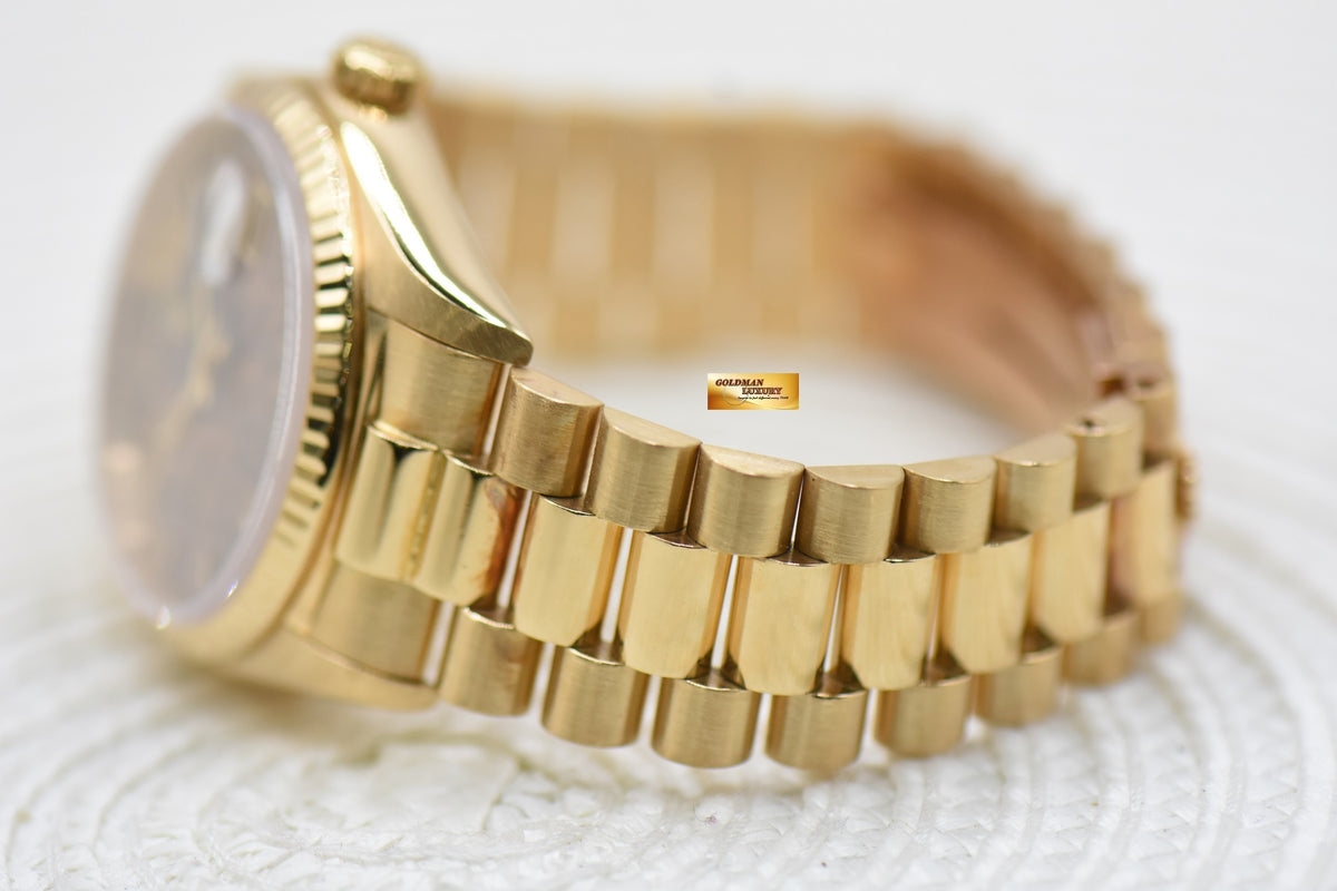 ROLEX OYSTER PERPETUAL DAY-DATE 36mm PRESIDENT 18K YELLOW GOLD ORIGINAL BURLWOOD DIAL IN ORIGINAL PRESIDENT BRACELET 18038 (MINT)