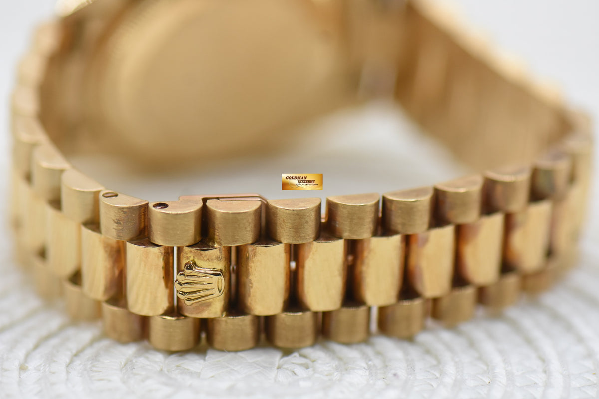 ROLEX OYSTER PERPETUAL DAY-DATE 36mm PRESIDENT 18K YELLOW GOLD ORIGINAL BURLWOOD DIAL IN ORIGINAL PRESIDENT BRACELET 18038 (MINT)