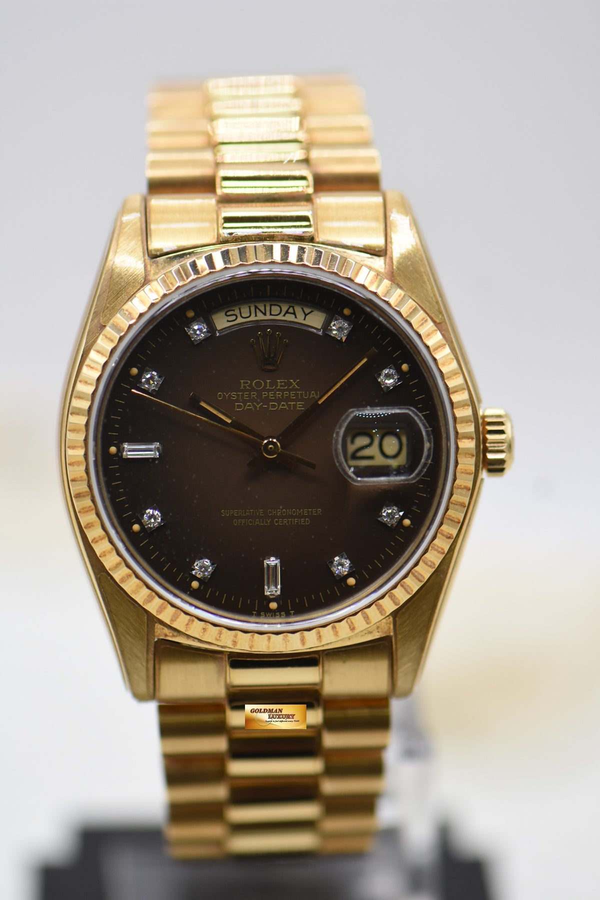 ROLEX OYSTER PERPETUAL DAY-DATE 36mm PRESIDENT 18K YELLOW GOLD ORIGINAL BROWN-HUE DIAMOND DIAL IN ORIGINAL PRESIDENT BRACELET 18038 (MINT)