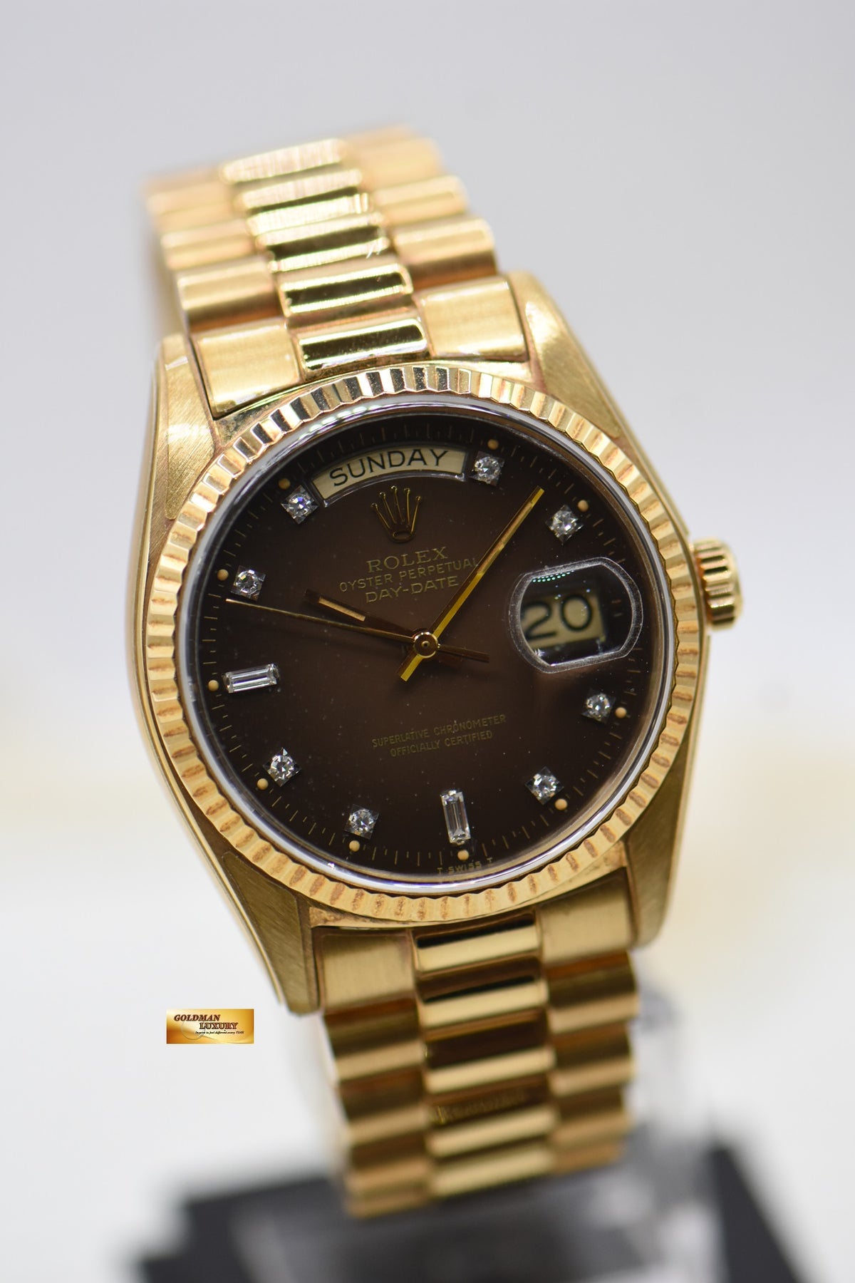 ROLEX OYSTER PERPETUAL DAY-DATE 36mm PRESIDENT 18K YELLOW GOLD ORIGINAL BROWN-HUE DIAMOND DIAL IN ORIGINAL PRESIDENT BRACELET 18038 (MINT)