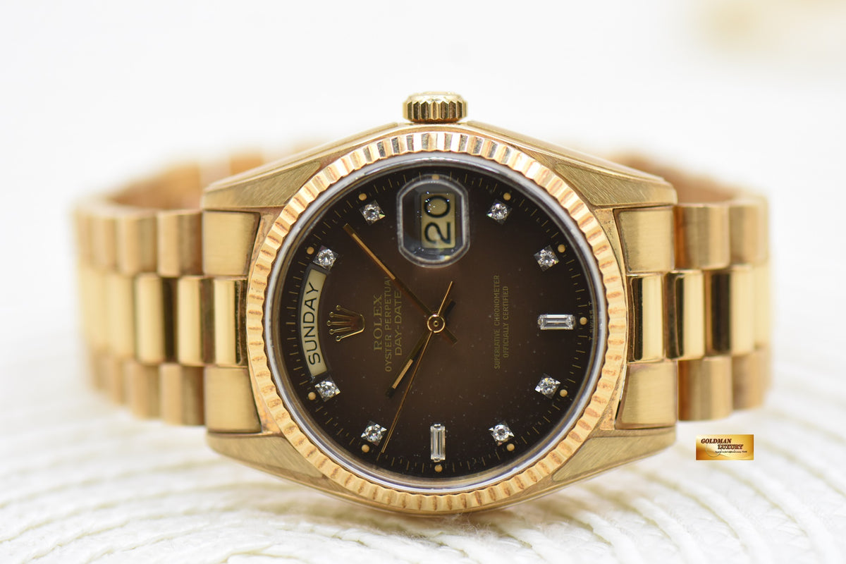 ROLEX OYSTER PERPETUAL DAY-DATE 36mm PRESIDENT 18K YELLOW GOLD ORIGINAL BROWN-HUE DIAMOND DIAL IN ORIGINAL PRESIDENT BRACELET 18038 (MINT)