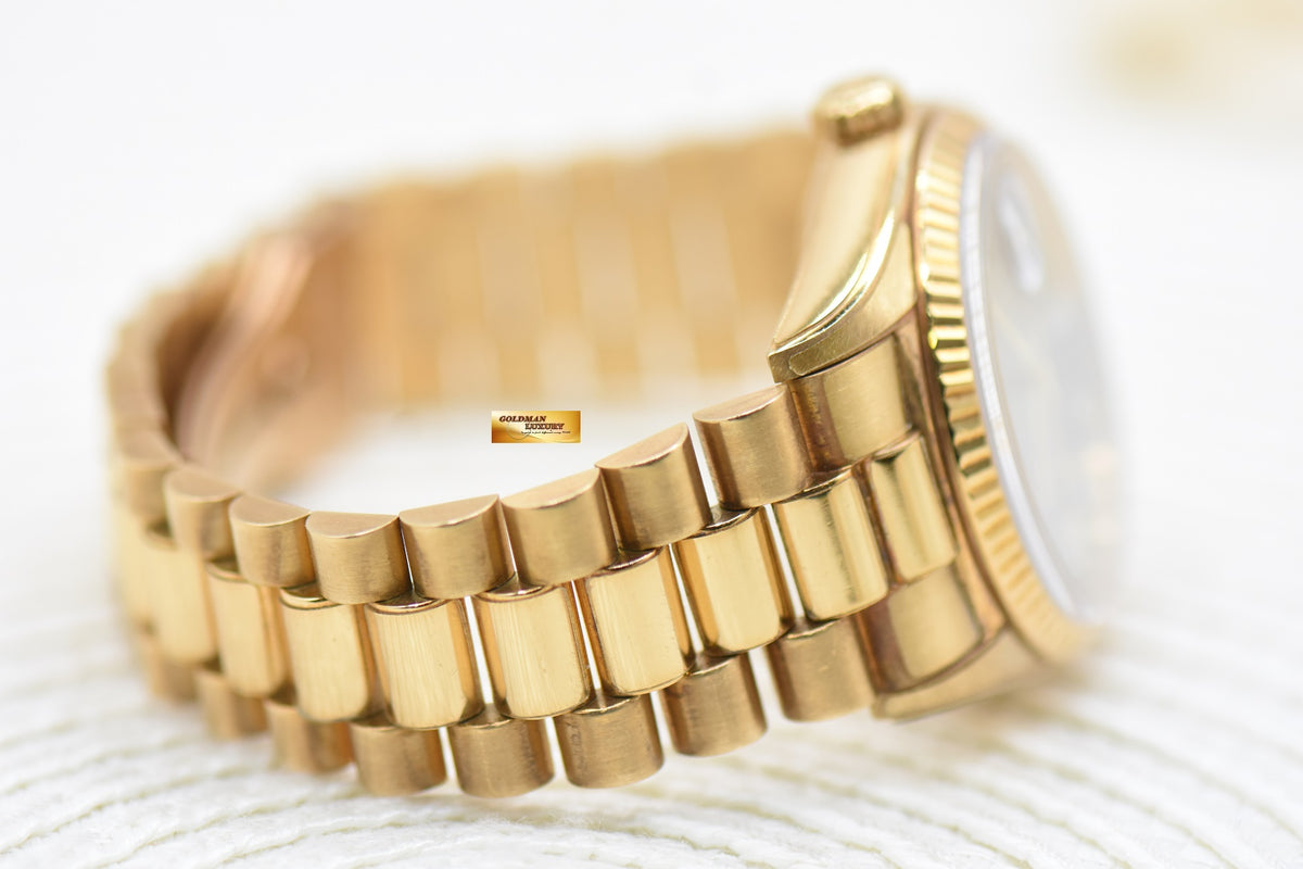 ROLEX OYSTER PERPETUAL DAY-DATE 36mm PRESIDENT 18K YELLOW GOLD ORIGINAL BROWN-HUE DIAMOND DIAL IN ORIGINAL PRESIDENT BRACELET 18038 (MINT)