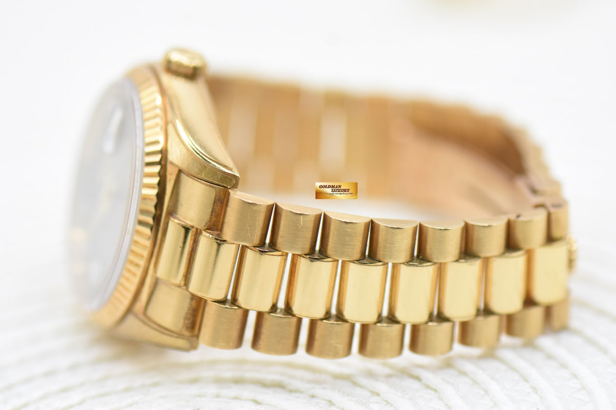 ROLEX OYSTER PERPETUAL DAY-DATE 36mm PRESIDENT 18K YELLOW GOLD ORIGINAL BROWN-HUE DIAMOND DIAL IN ORIGINAL PRESIDENT BRACELET 18038 (MINT)