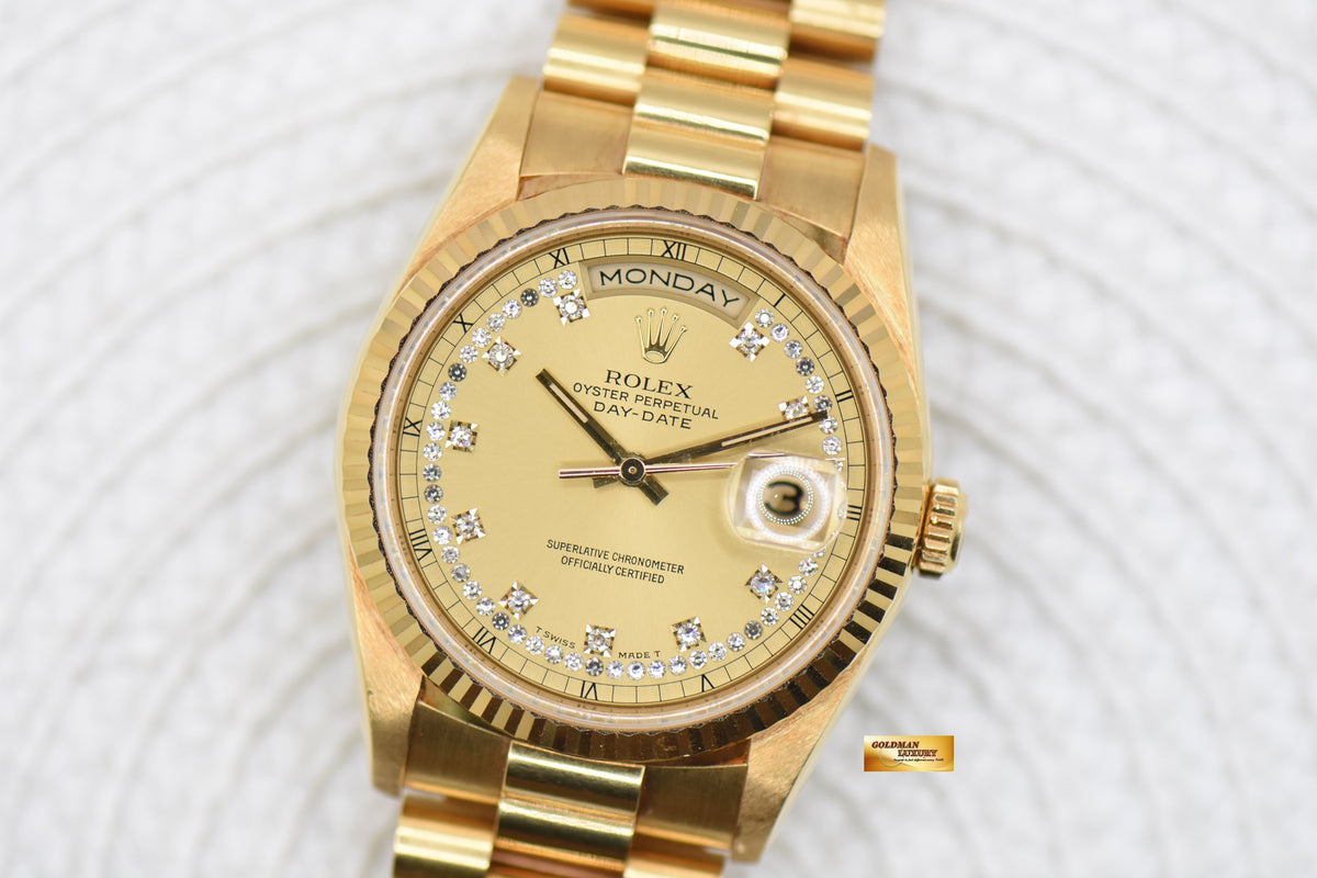 ROLEX OYSTER PERPETUAL DAY-DATE 36mm PRESIDENT 18K YELLOW GOLD ORIGINAL DIAMOND DIAL IN ORIGINAL PRESIDENT BRACELET 18238 (MINT)