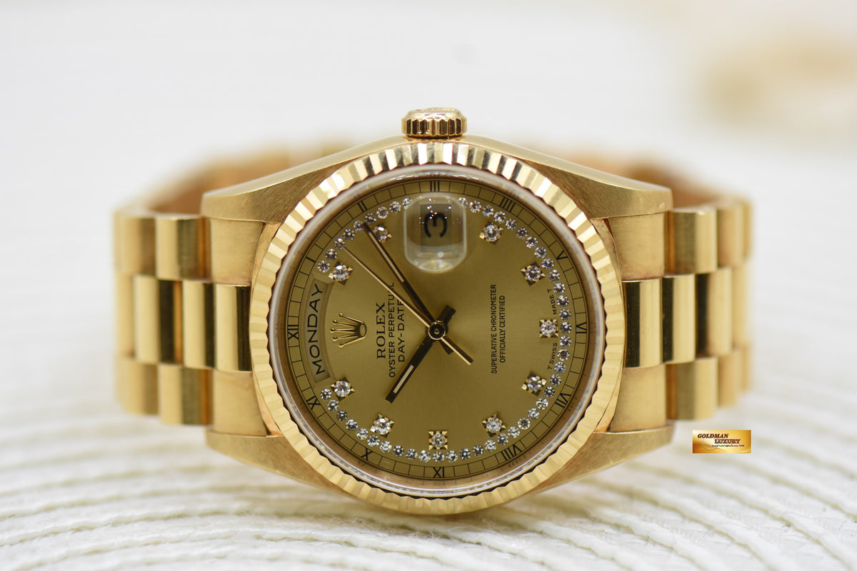 ROLEX OYSTER PERPETUAL DAY-DATE 36mm PRESIDENT 18K YELLOW GOLD ORIGINAL DIAMOND DIAL IN ORIGINAL PRESIDENT BRACELET 18238 (MINT)