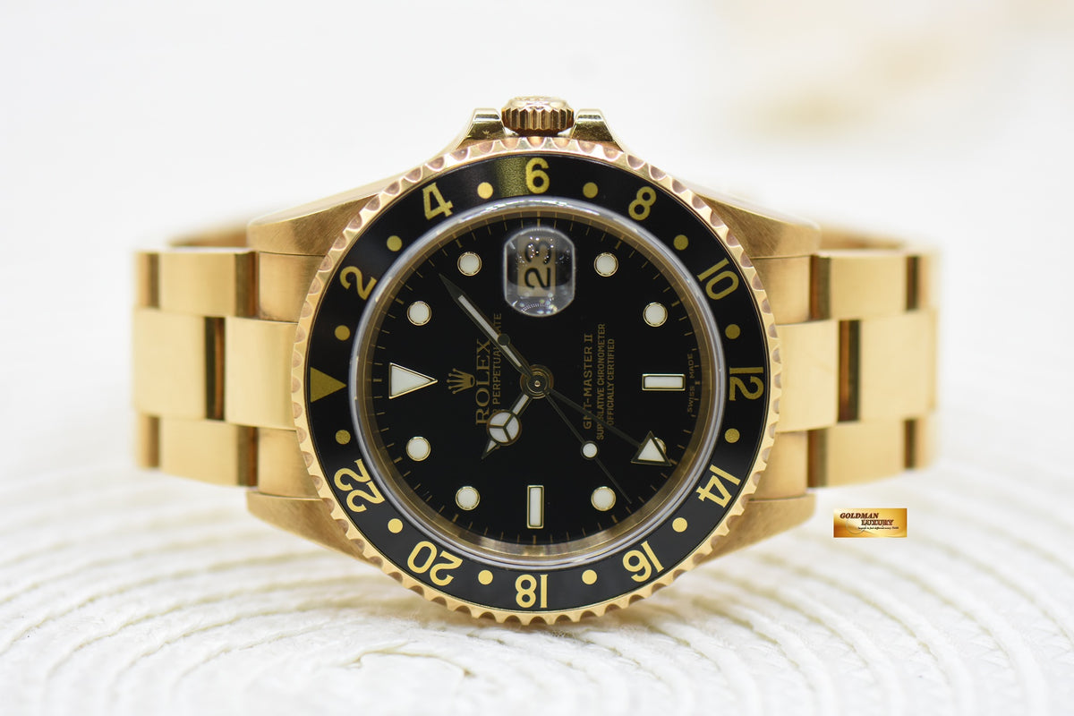 ROLEX OYSTER GMT-MASTER II 40mm YELLOW GOLD IN OYSTER BRACELET BLACK DIAL 16718 (UNPOLISHED-MINT)