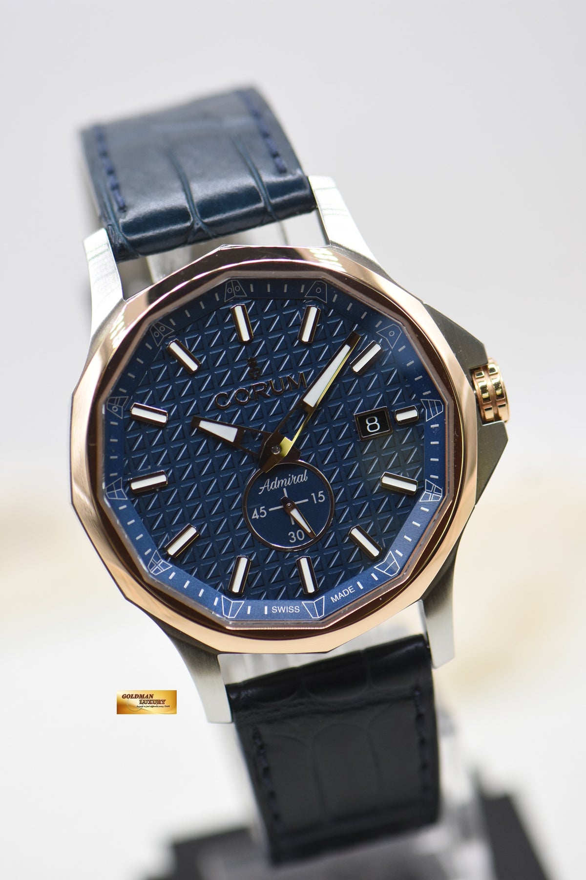 CORUM ADMIRAL CUP 42mm HALF-GOLD IN LEATHER STRAP BLUE AUTOMATIC 395.110.24 (LNIB)