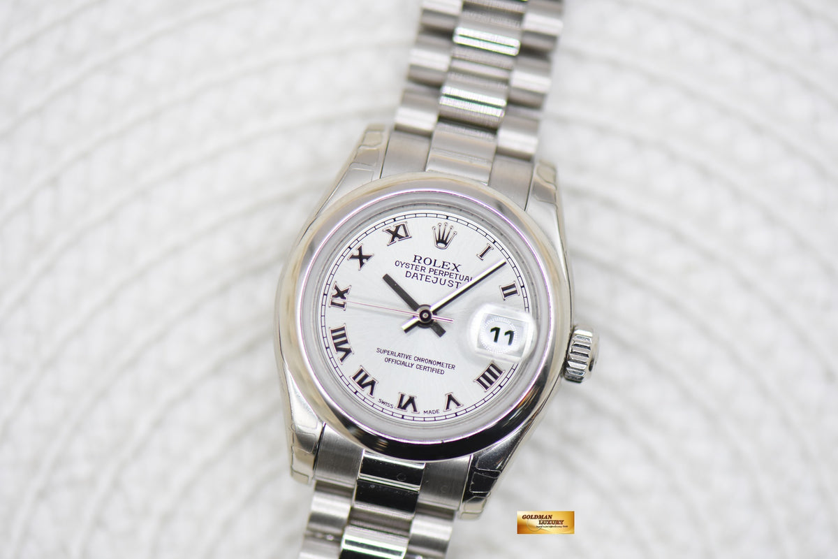 ROLEX OYSTER DATEJUST LADY PRESIDENT 26mm PLATINUM IN BRACELET SILVER ROMAN DIAL 179166 (MINT) (STICKERS STILL INTACT)