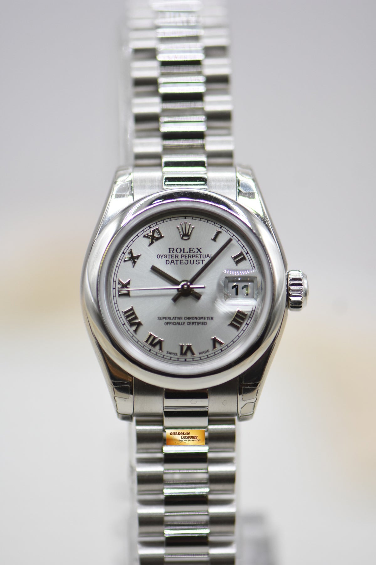 ROLEX OYSTER DATEJUST LADY PRESIDENT 26mm PLATINUM IN BRACELET SILVER ROMAN DIAL 179166 (MINT) (STICKERS STILL INTACT)