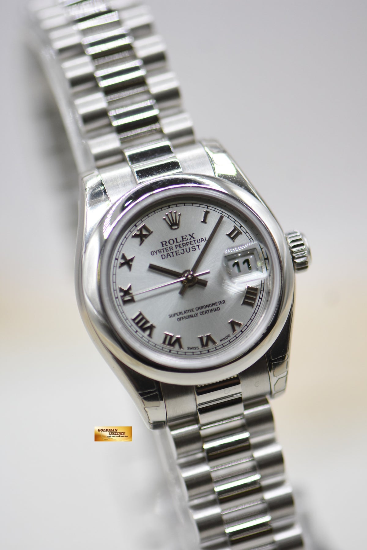 ROLEX OYSTER DATEJUST LADY PRESIDENT 26mm PLATINUM IN BRACELET SILVER ROMAN DIAL 179166 (MINT) (STICKERS STILL INTACT)