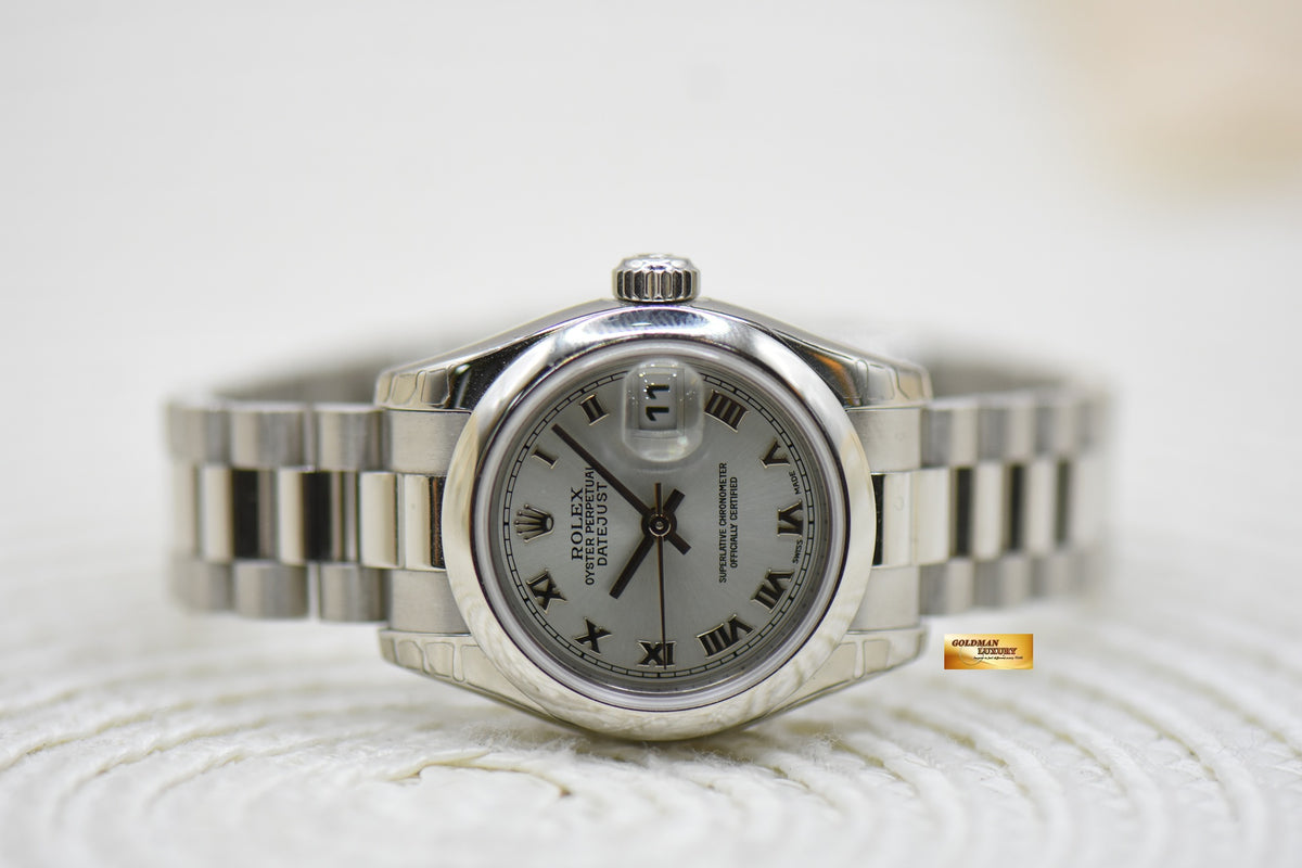 ROLEX OYSTER DATEJUST LADY PRESIDENT 26mm PLATINUM IN BRACELET SILVER ROMAN DIAL 179166 (MINT) (STICKERS STILL INTACT)