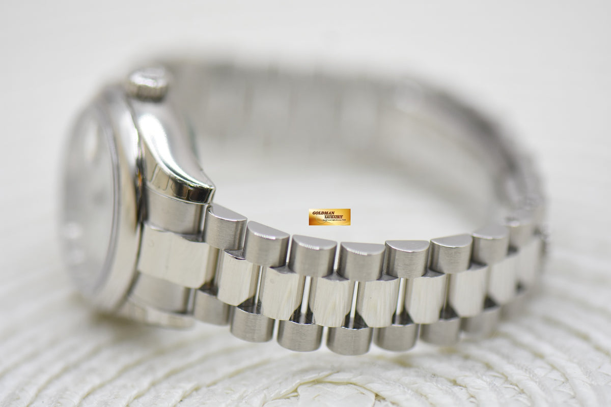 ROLEX OYSTER DATEJUST LADY PRESIDENT 26mm PLATINUM IN BRACELET SILVER ROMAN DIAL 179166 (MINT) (STICKERS STILL INTACT)