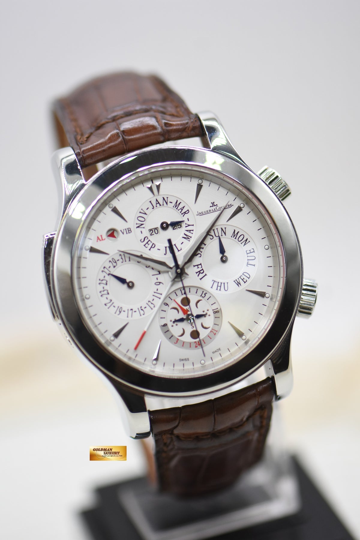 JLC MASTER GRAND REVEIL PERPETUAL ALARM 43mm STEEL IN LEATHER STRAP AUTOMATIC 149.8.95 (MINT)