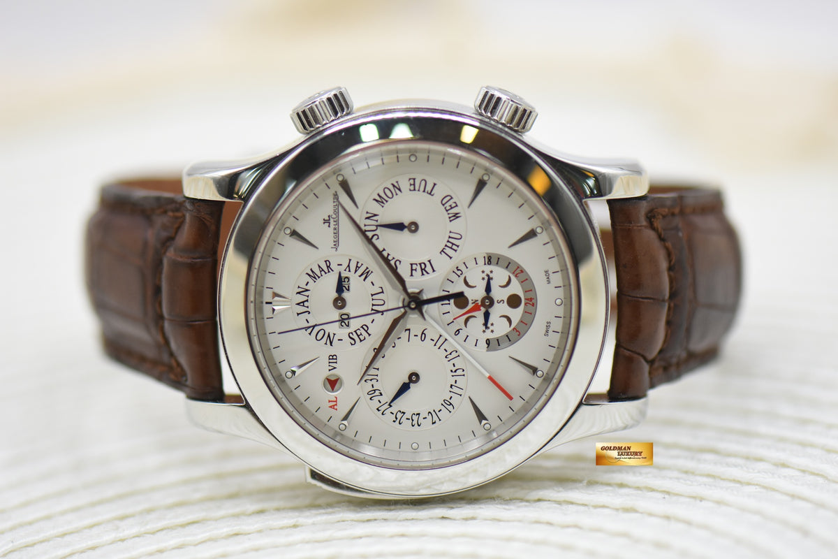 JLC MASTER GRAND REVEIL PERPETUAL ALARM 43mm STEEL IN LEATHER STRAP AUTOMATIC 149.8.95 (MINT)