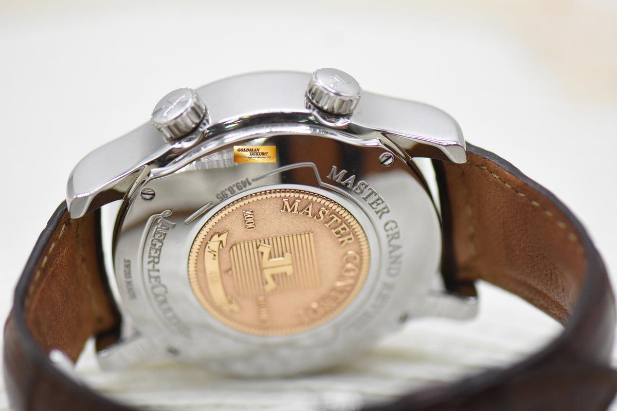 JLC MASTER GRAND REVEIL PERPETUAL ALARM 43mm STEEL IN LEATHER STRAP AUTOMATIC 149.8.95 (MINT)