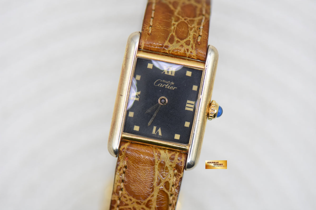 CARTIER MUST De TANK GOLD-PLATED 925 IN LEATHER ONYX DIAL QUARTZ 3088 (VINTAGE)