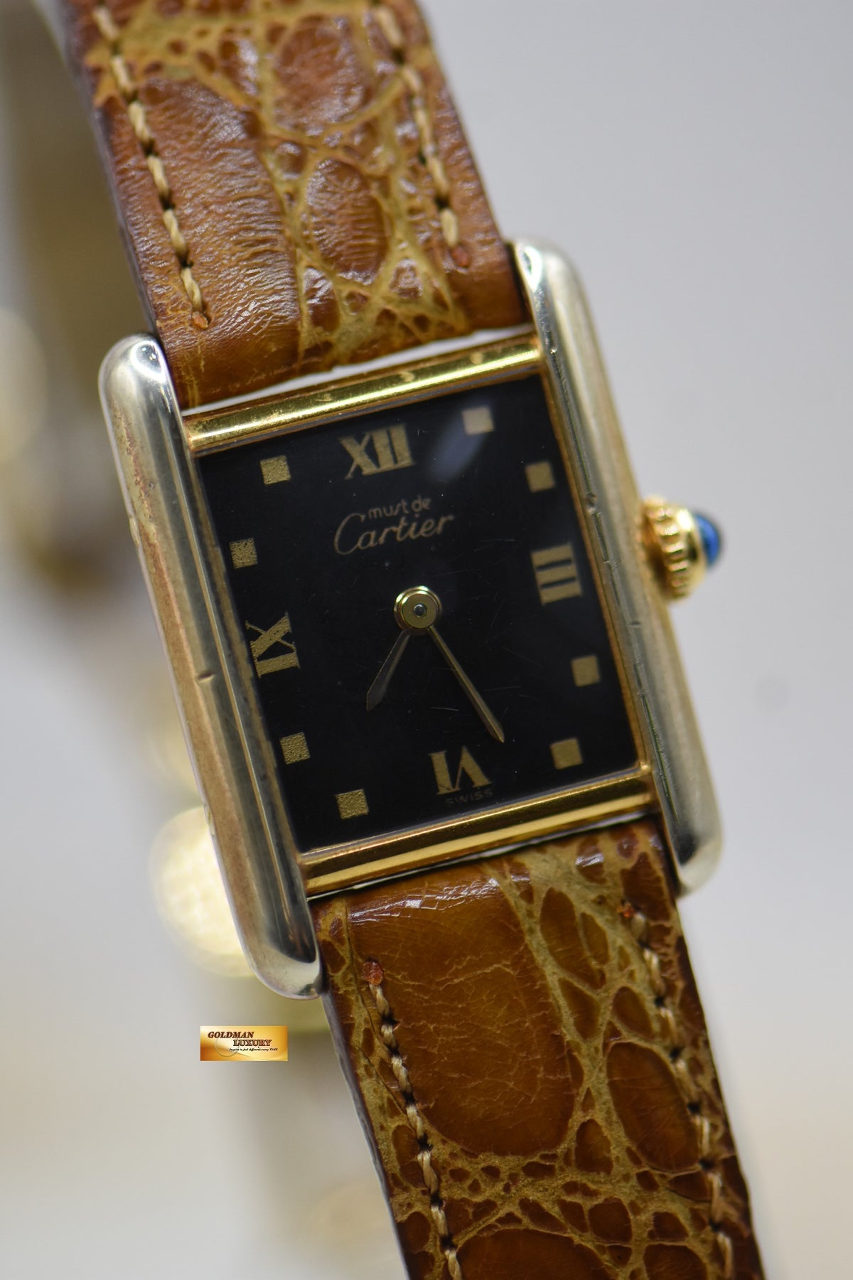 CARTIER MUST De TANK GOLD-PLATED 925 IN LEATHER ONYX DIAL QUARTZ 3088 (VINTAGE)