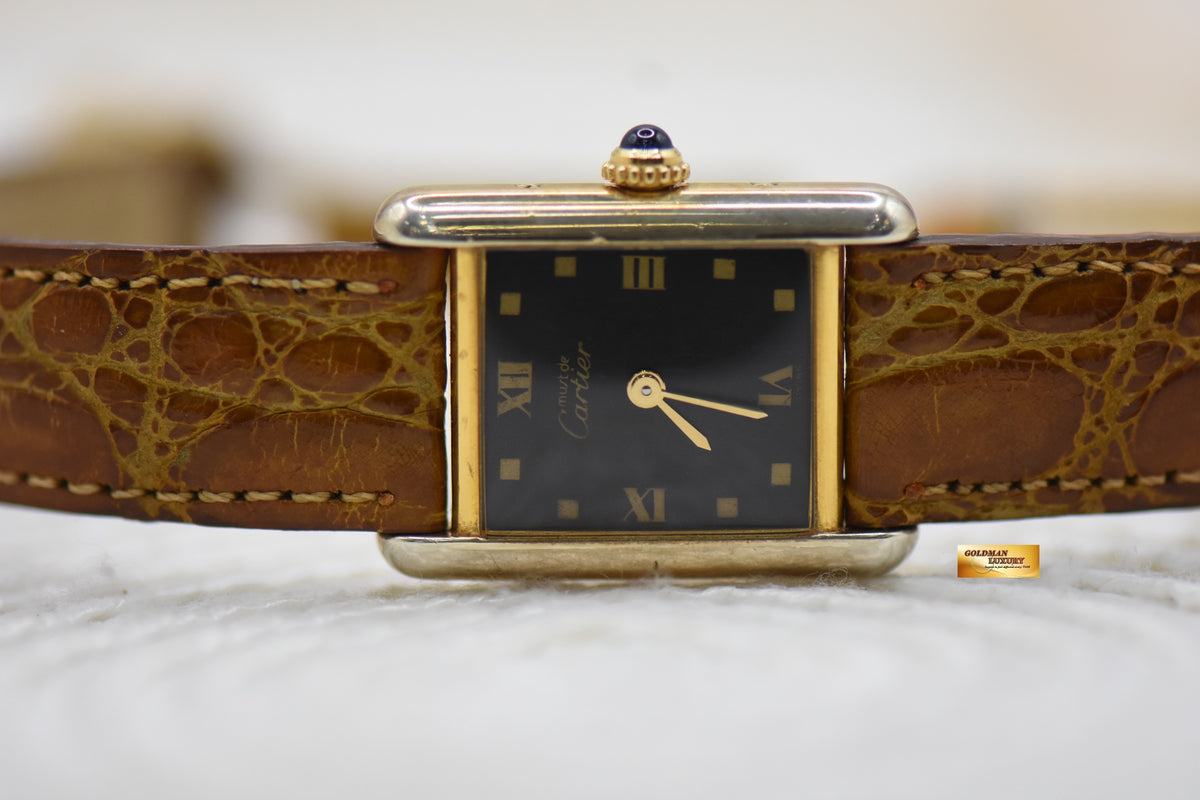 CARTIER MUST De TANK GOLD-PLATED 925 IN LEATHER ONYX DIAL QUARTZ 3088 (VINTAGE)
