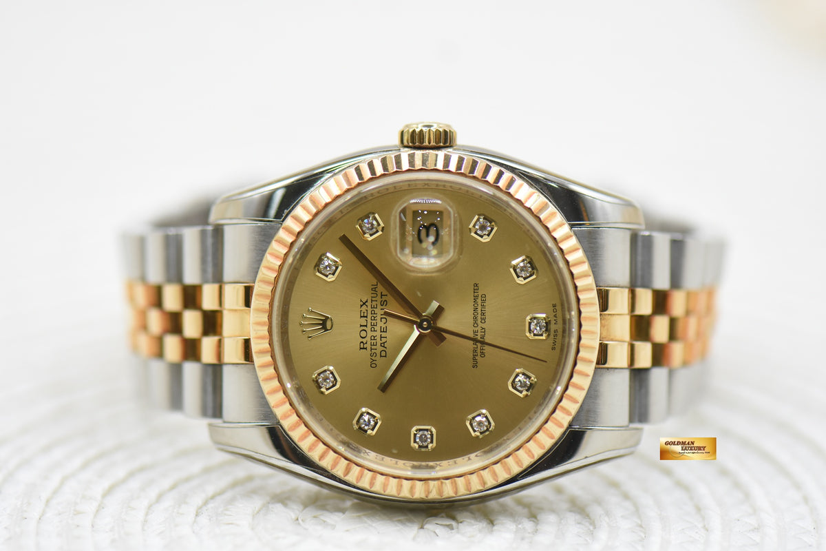 ROLEX OYSTER DATEJUST 36mm HALF-GOLD IN JUBILEE BRACELET CHAMPAGNE DIAMOND DIAL 116233 (MINT)